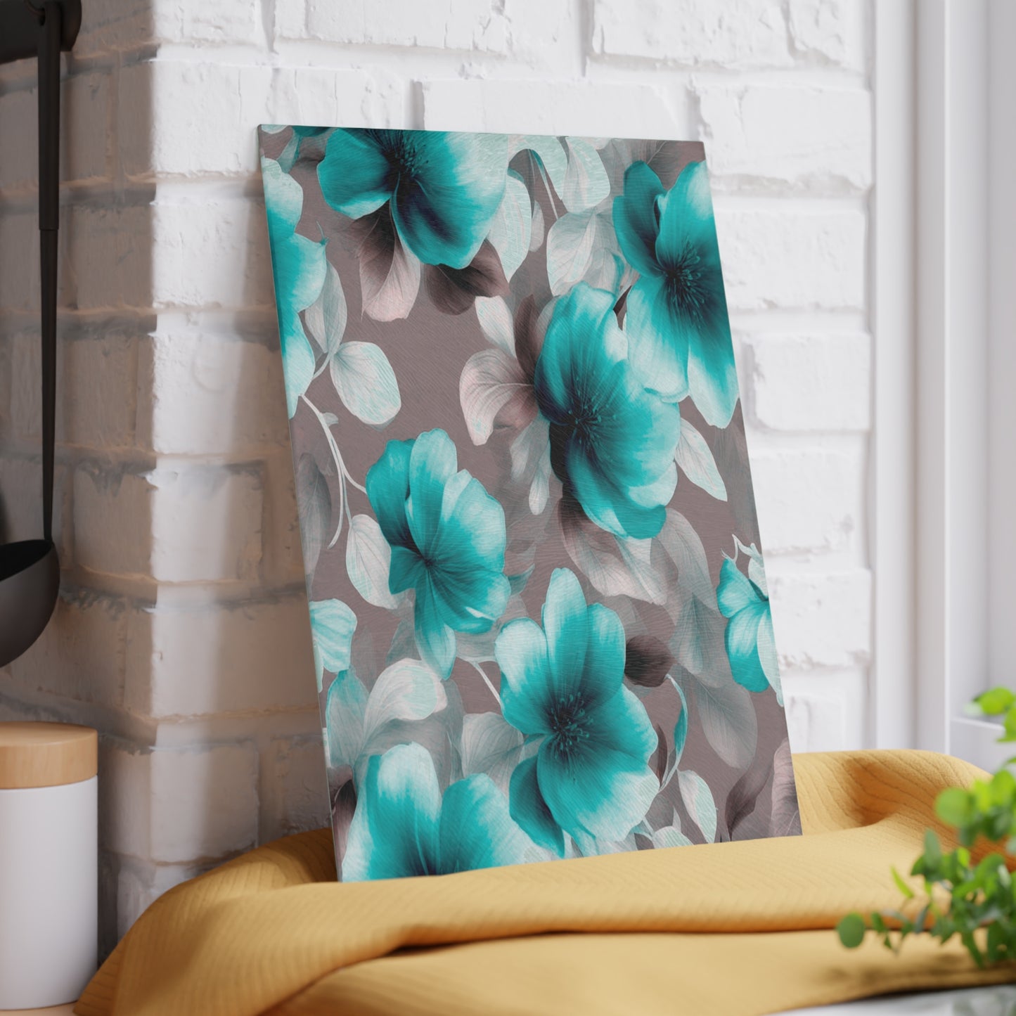 Tif Green Gray Floral Bunch Glass Cutting Board, 8" x 11"