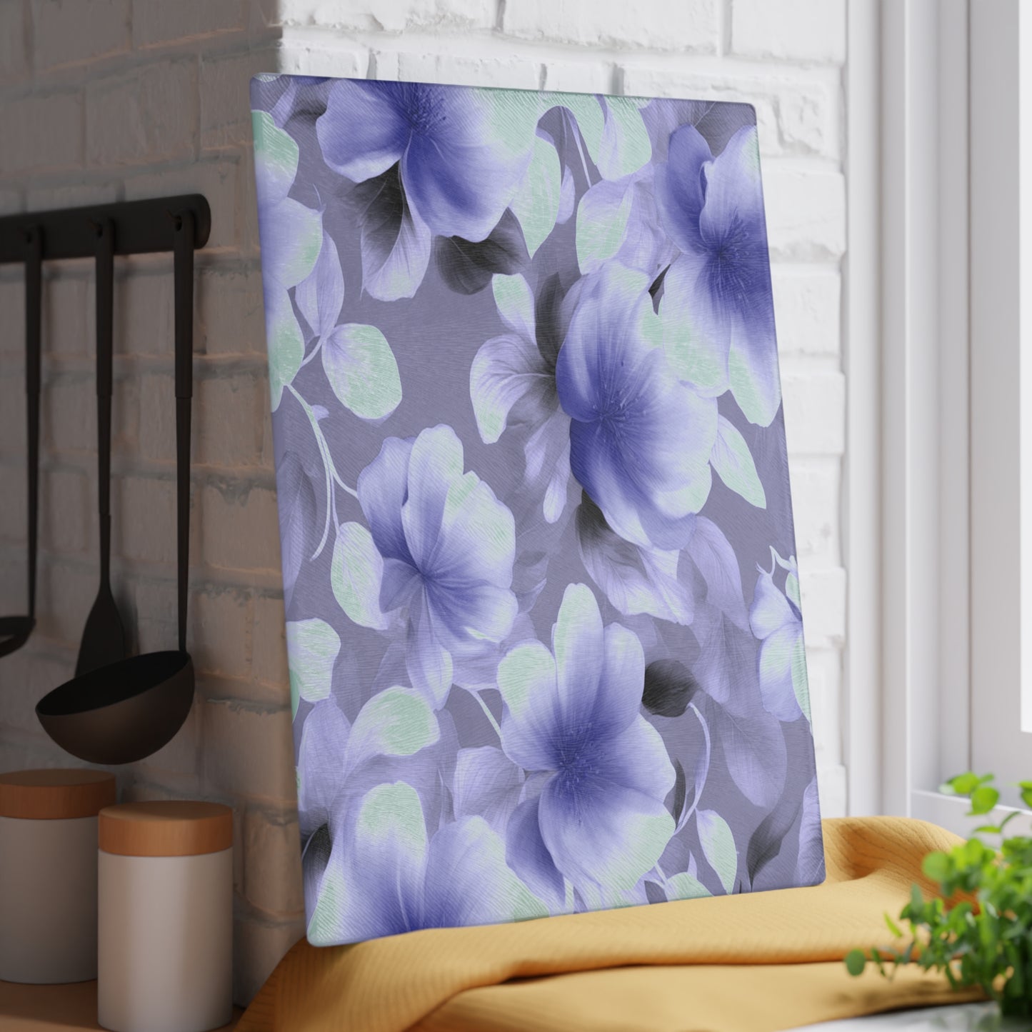 Indigo Blossom Floral Bunch Glass Cutting Board, 11" x 15"