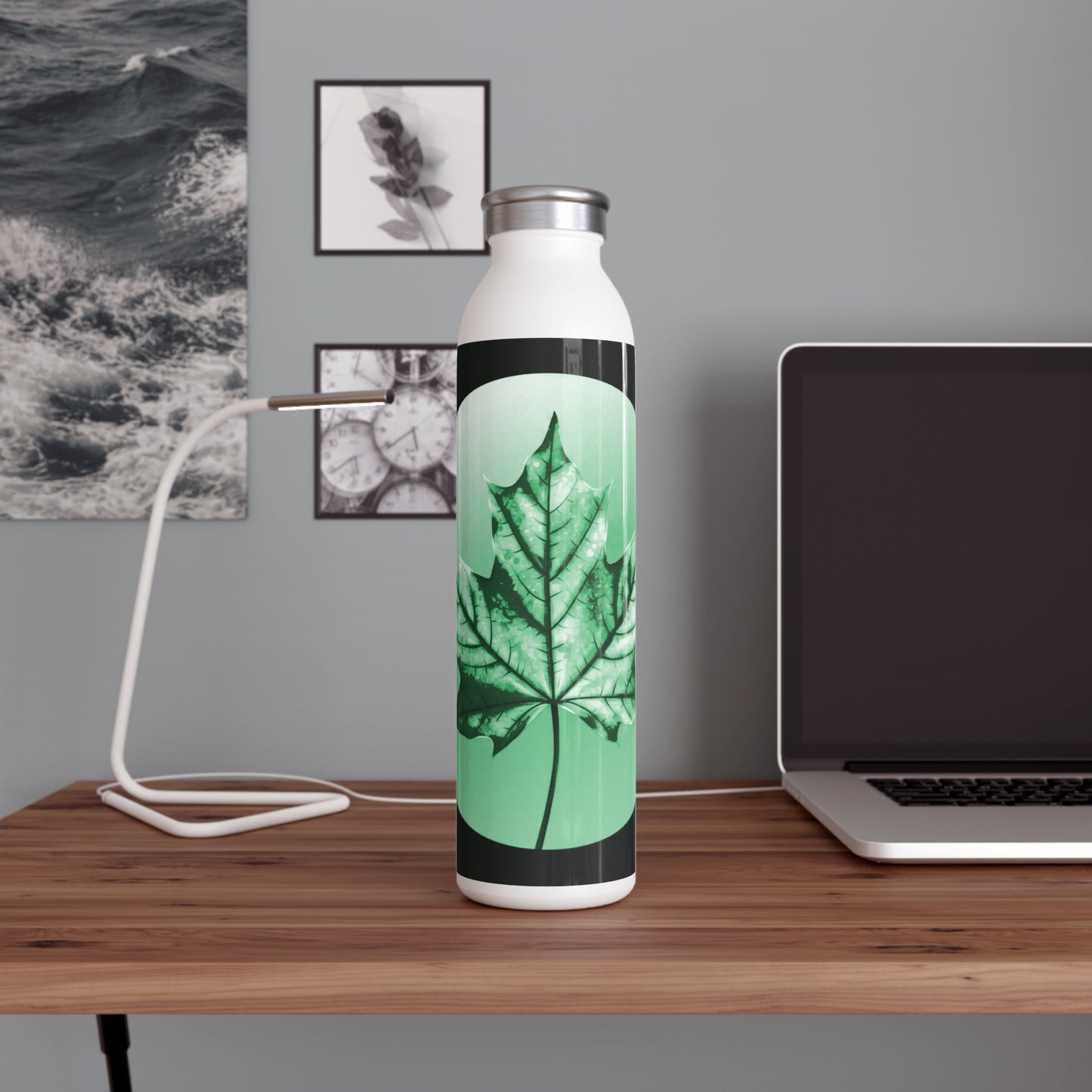 Mint Green Maple Leaf Slim Water Bottle, 20 oz White