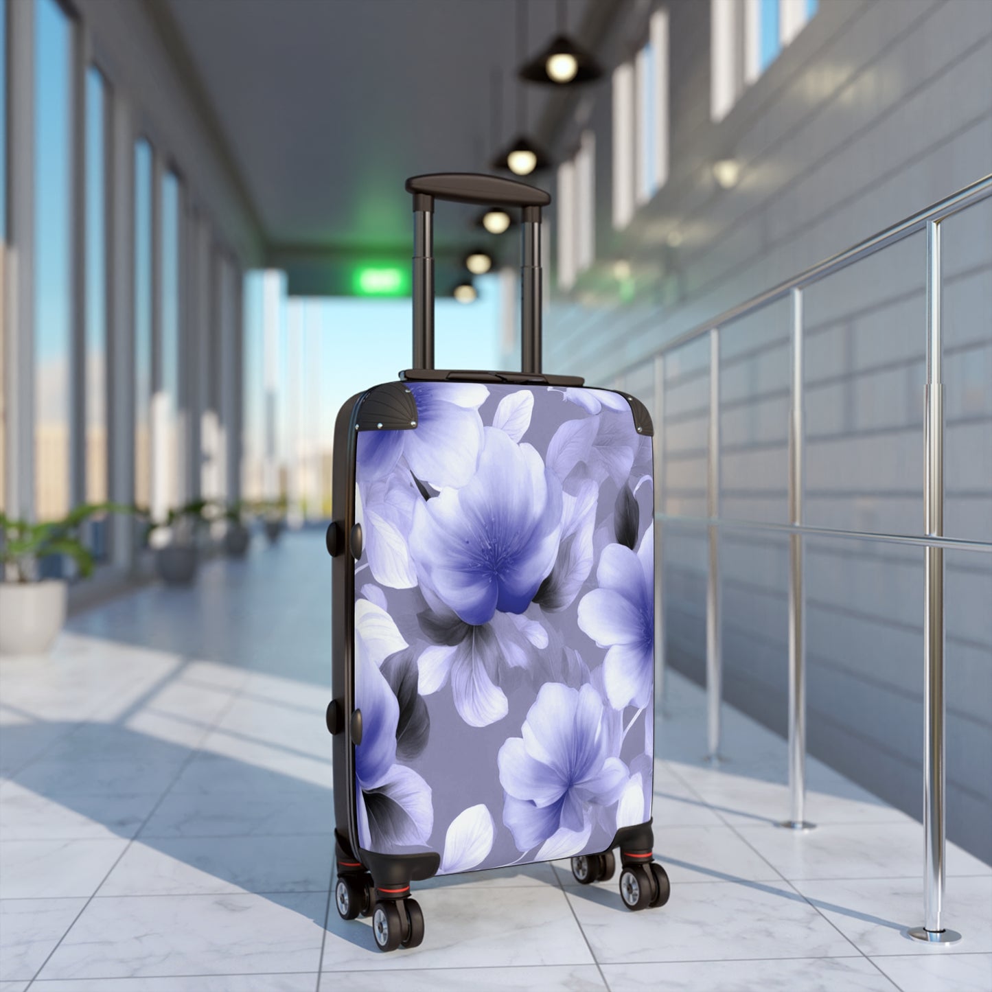 Indigo Blossom Floral Bunch Small Suitcase with built in lock, 4 double-wheels, telescopic handle, and ABS back hard-shell