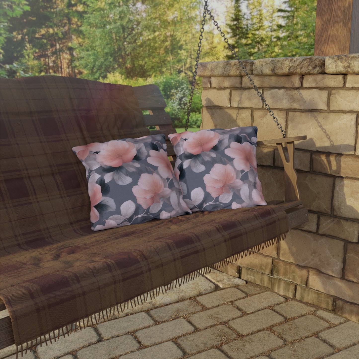 Peach and Blue Gray Floral Bunch Outdoor Pillow, 16" x 16"