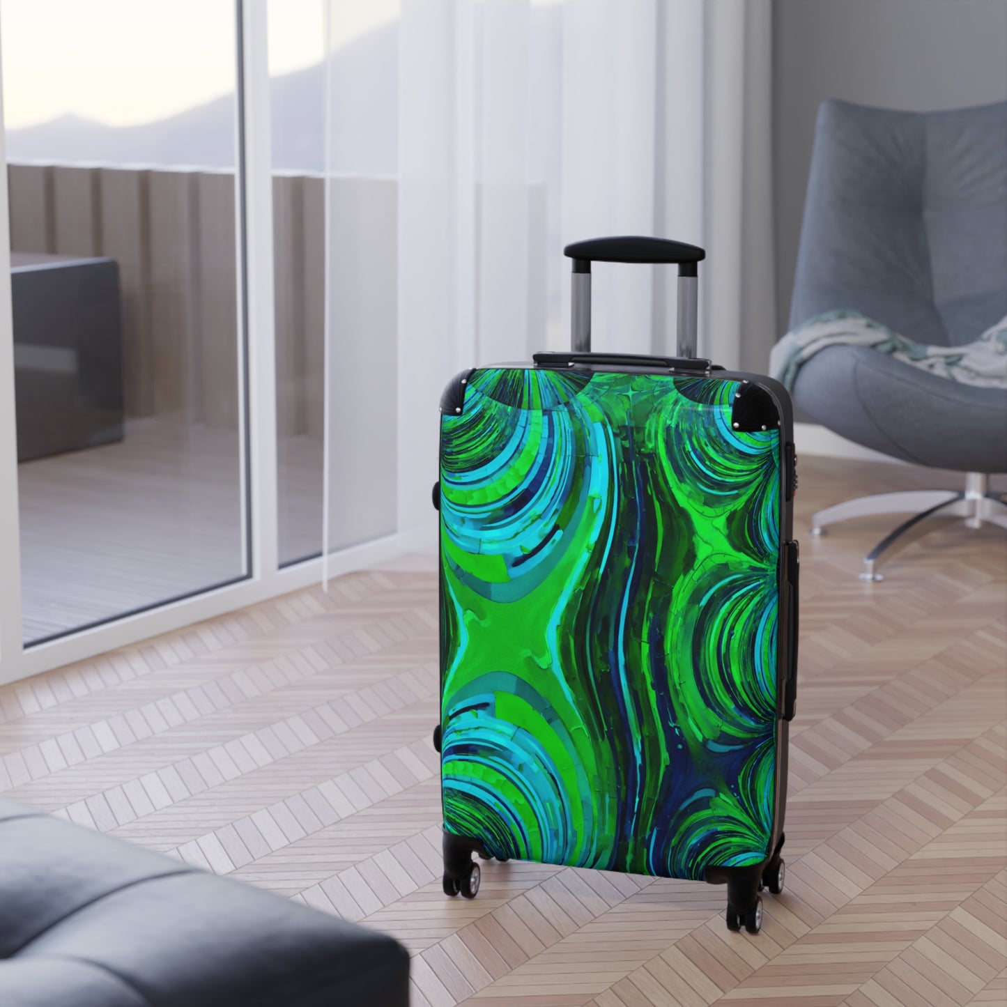 Uzi Spiral Blue Green Medium Suitcase with built in lock, 4 double-wheels, telescopic handle, and ABS back hard-shell