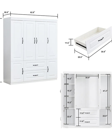 White Solid Wood Freestanding Wardrobe Closet for Clothes Storage. Bedroom Wardrobe Storage Cabinet featuring 2 Hanging Rod Shelves, 2 Drawers, and 5 Storage Compartments
