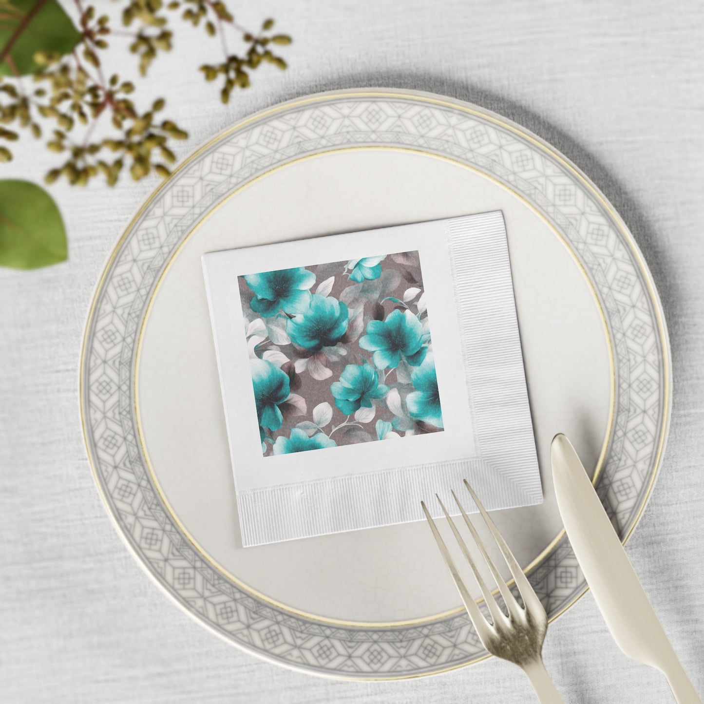 Tif Green Gray Floral Bunch White Coined Napkins, 4.8" x 4.8"