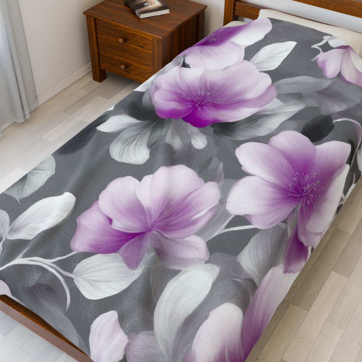 Purple Blossom Floral Bunch Velveteen Plush Blanket, 60" x 80"