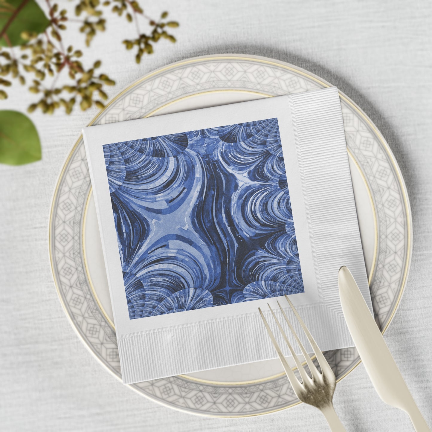 Uzi Spiral Deep Blue White Coined Napkins, 6.5" x 6.5"