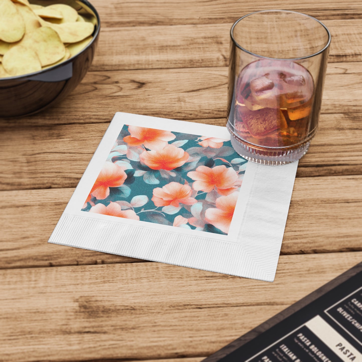 Orange Blossom Floral Bunch White Coined Napkins, 6.5" x 6.5"