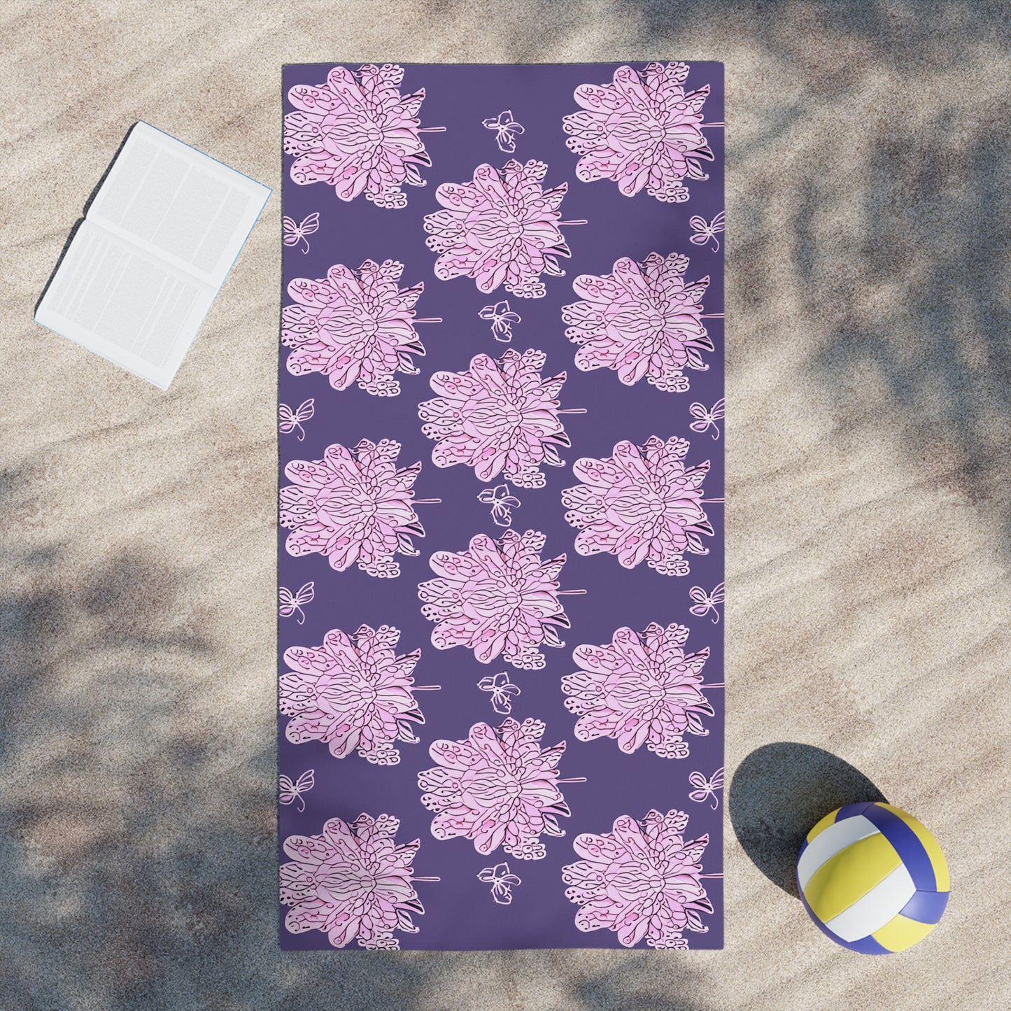 Magenta Floral Butterflies Beach Towel, 30" x 60"