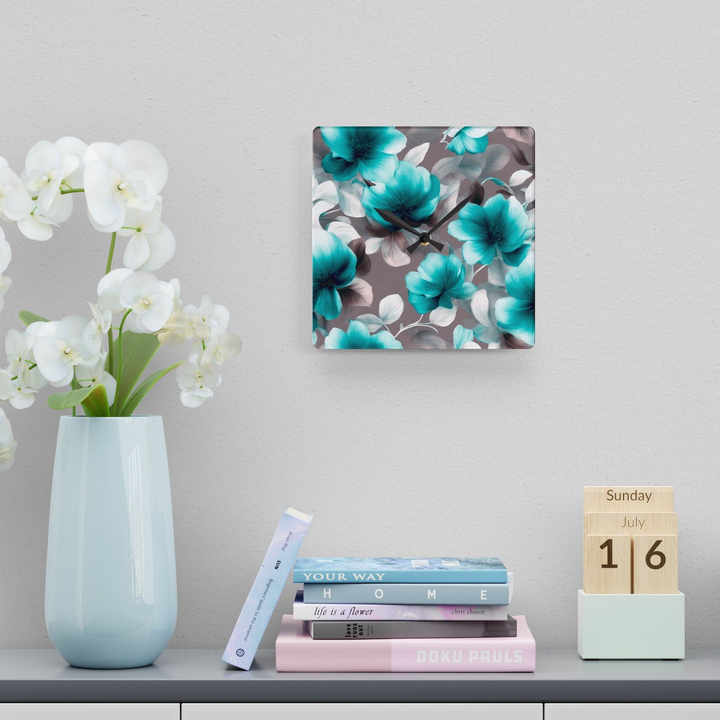 Tif Green Gray Floral Bunch Acrylic Wall Clock, Round or Square, 10.75" x 10.75"