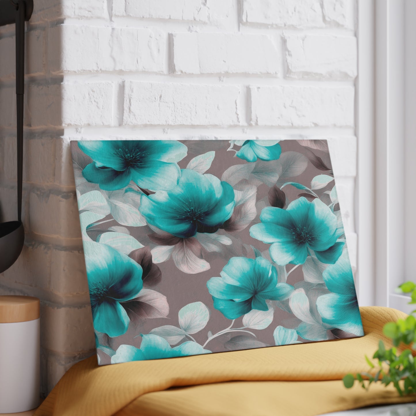 Tif Green Gray Floral Bunch Glass Cutting Board, 8" x 11"