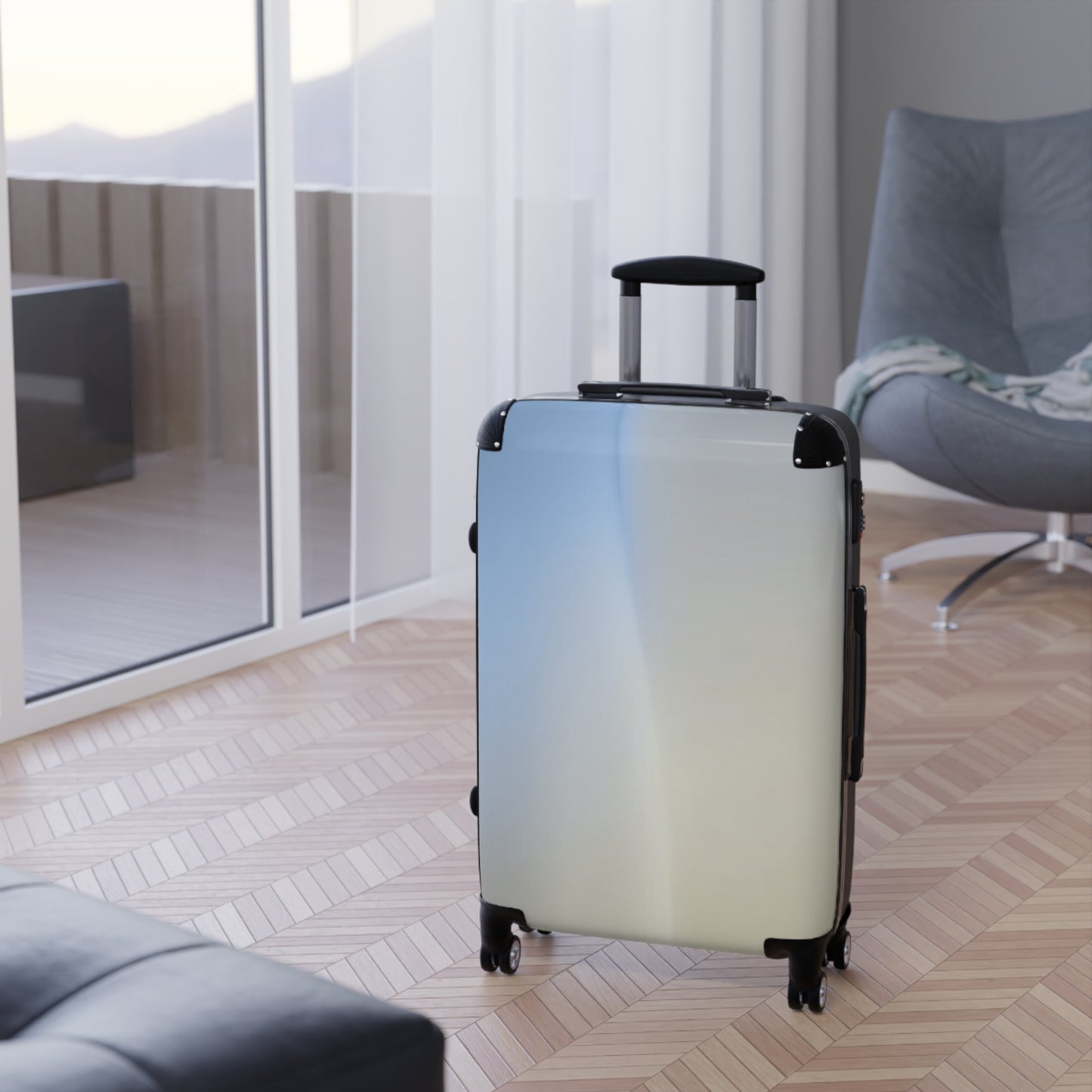 Cobalt Fade Medium Suitcase with built in lock, 4 double-wheels, telescopic handle, and ABS back hard-shell