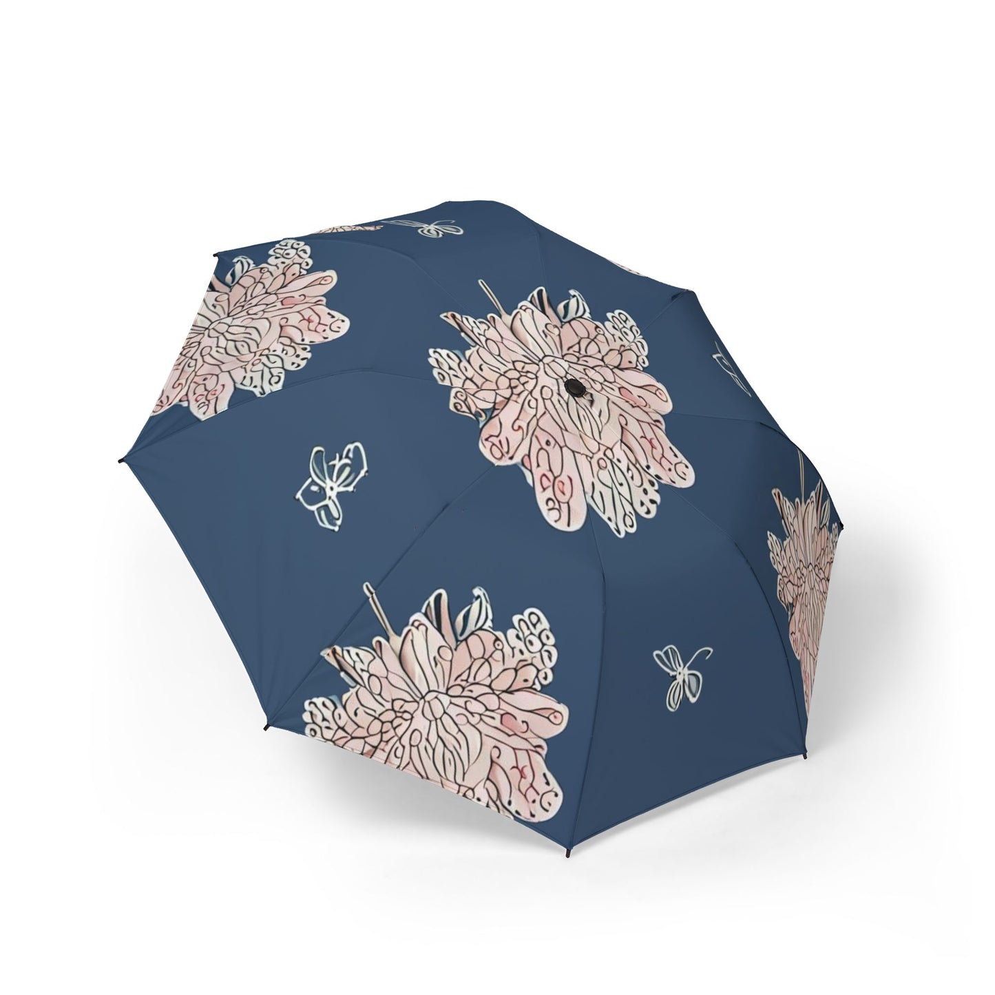 Rose White Floral Butterflies Foldable Umbrella - Compact & Chic