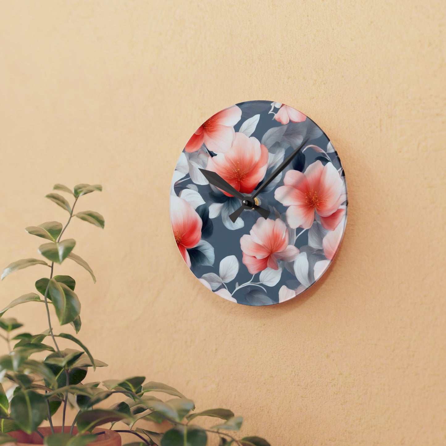 Red Blossom Floral Bunch Acrylic Round Wall Clock, 8" x 8"