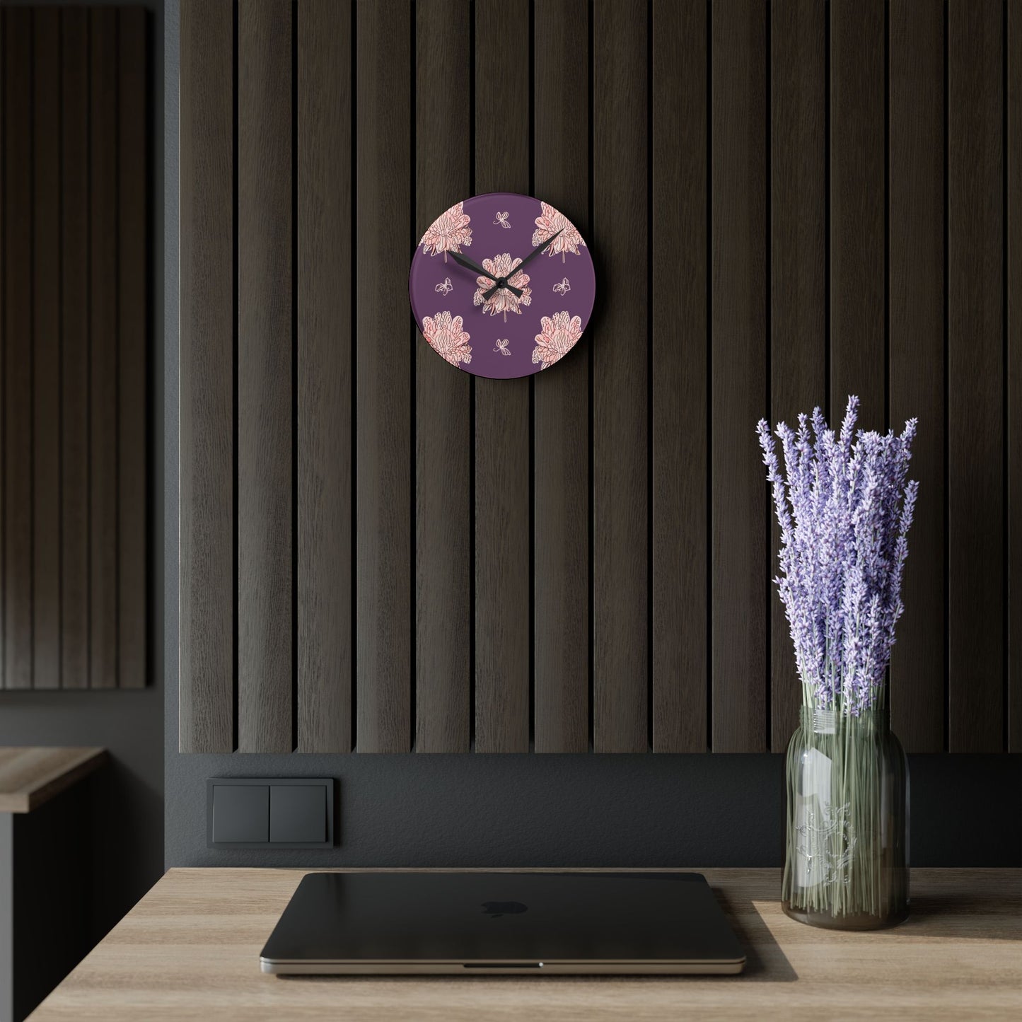 Pink Floral Butterflies Acrylic Round Wall Clock, 8" x 8"