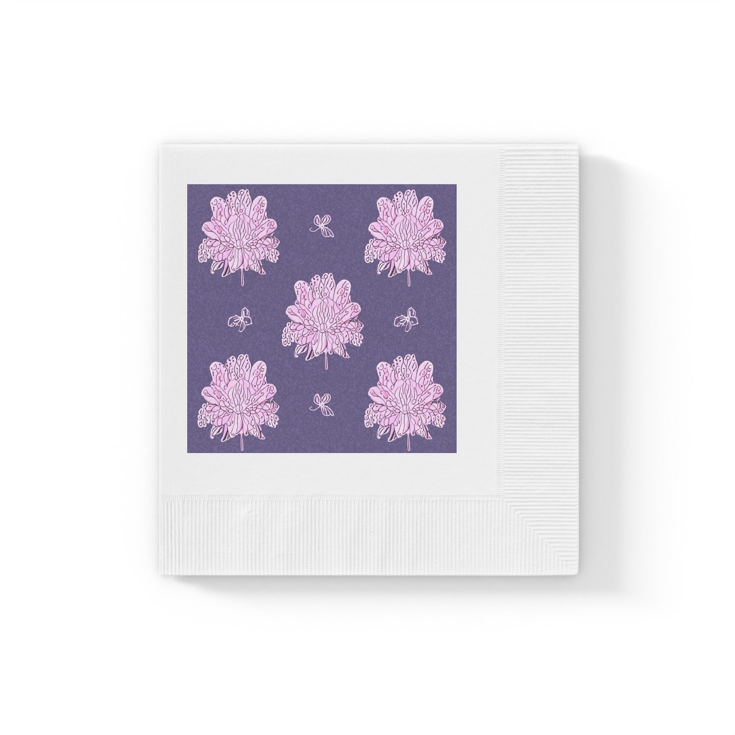 Magenta Floral Butterflies White Coined Napkins, 4.8" x 4.8"
