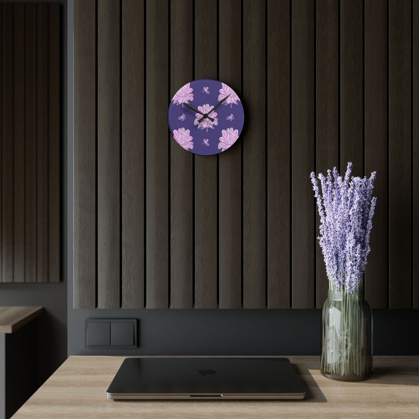 Magenta Floral Butterflies Acrylic Round Wall Clock, 8" x 8"
