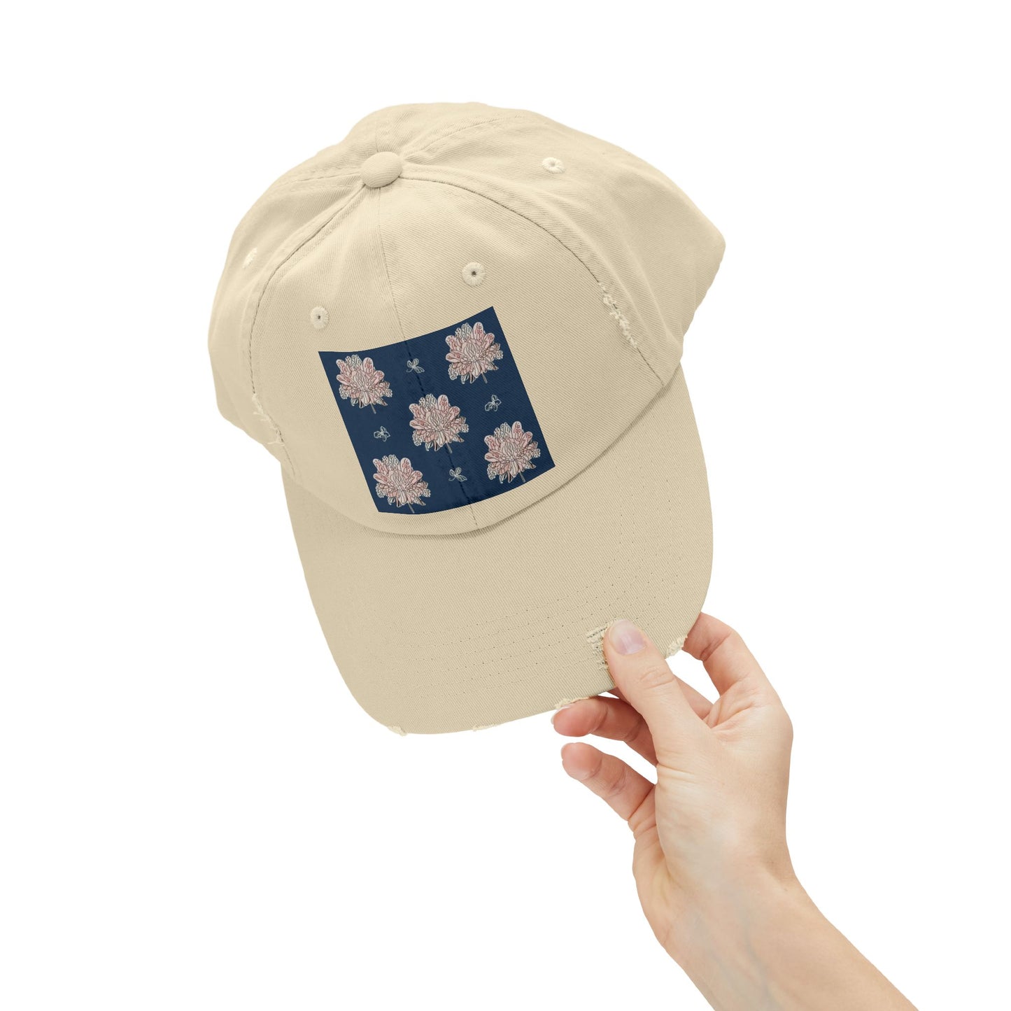 Rose White Floral Butterflies Unisex Distressed Cap