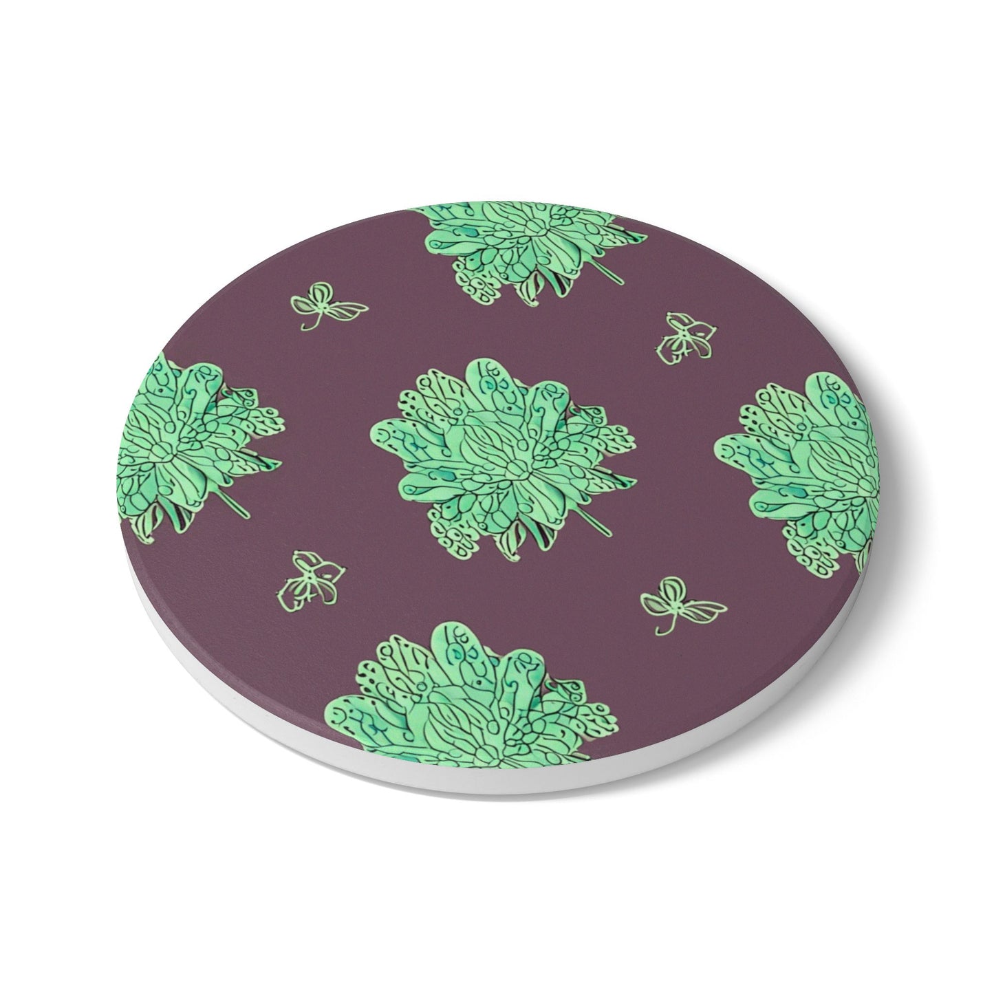Mint Green Floral Butterflies 4" x 4" Round Ceramic Coaster