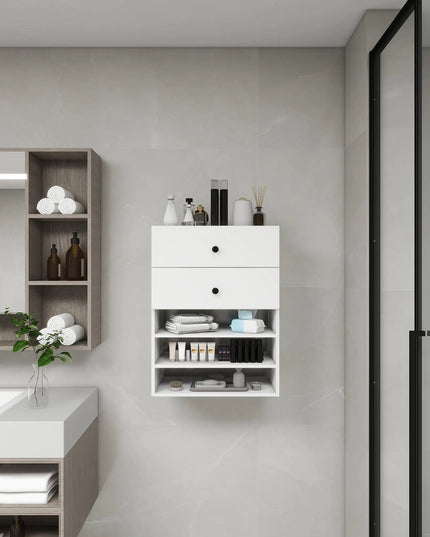 Modular Wooden Closet Organizer System – 2 Drawers, 3 Wall-Mounted Shelves for Walk-In Closet or Bedroom, White, 23.62"W × 16.04"D × 31.49"H