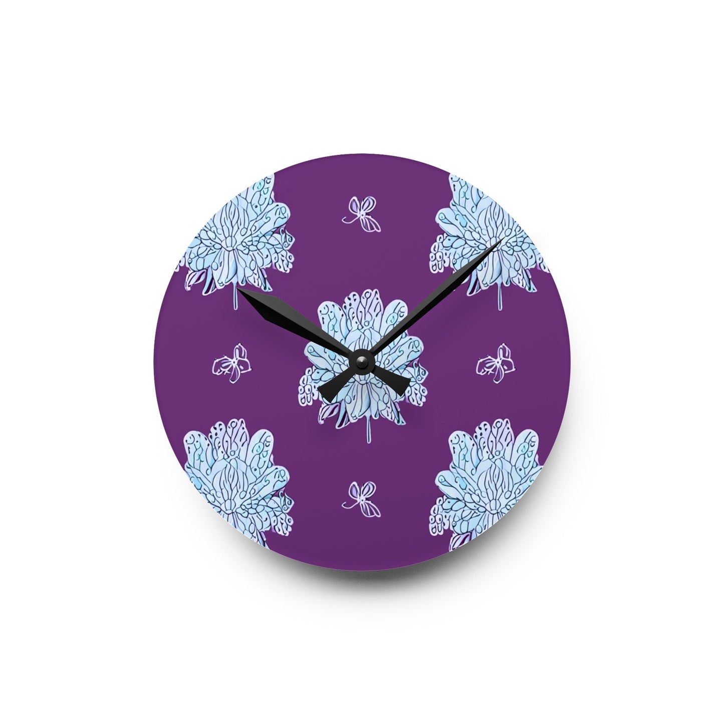 Blue Floral Butterflies Acrylic Round Wall Clock, 8" x 8"