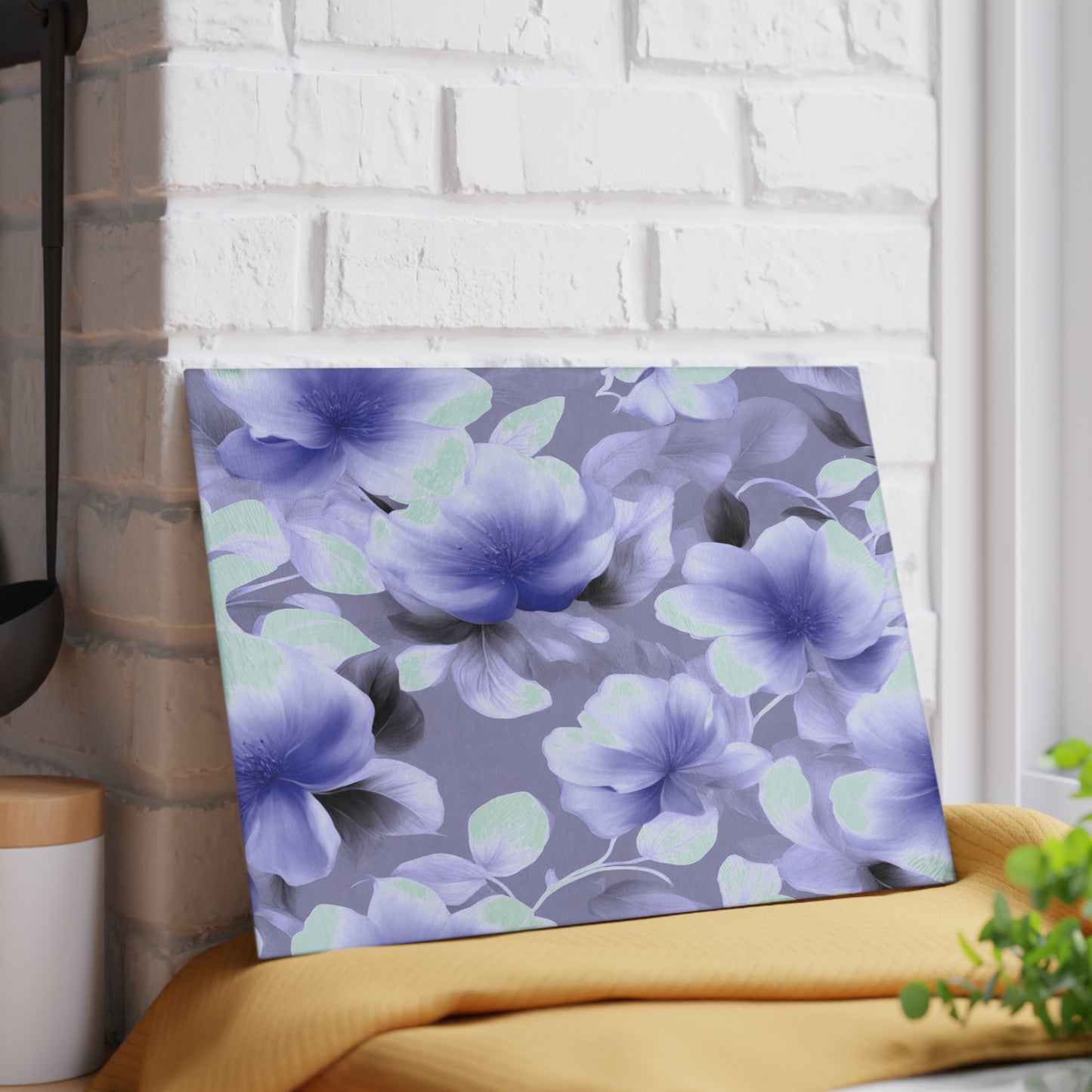 Indigo Blossom Floral Bunch Glass Cutting Board, 8" x 11"