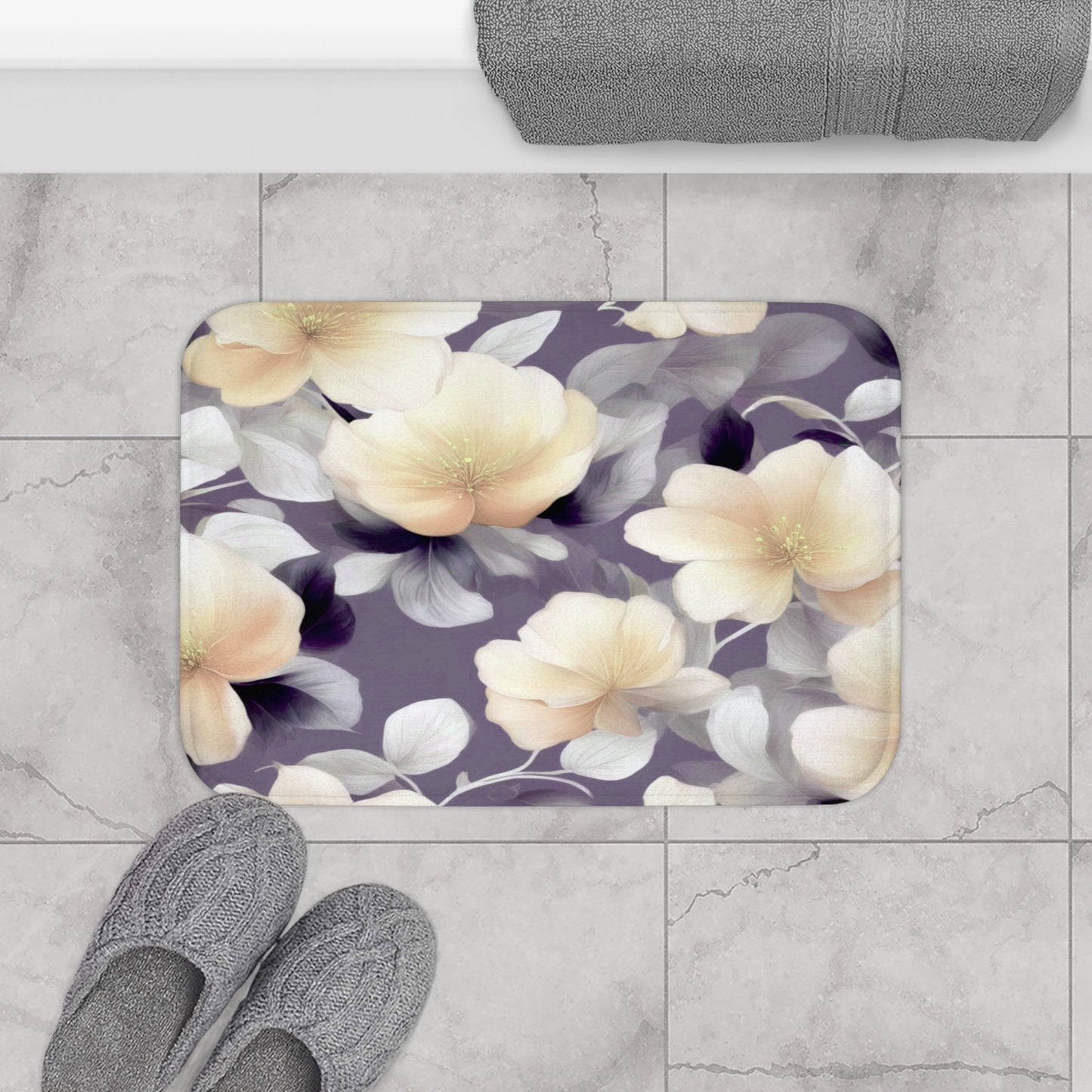 White Blush Floral Bunch 24" x 17" Bath Mat