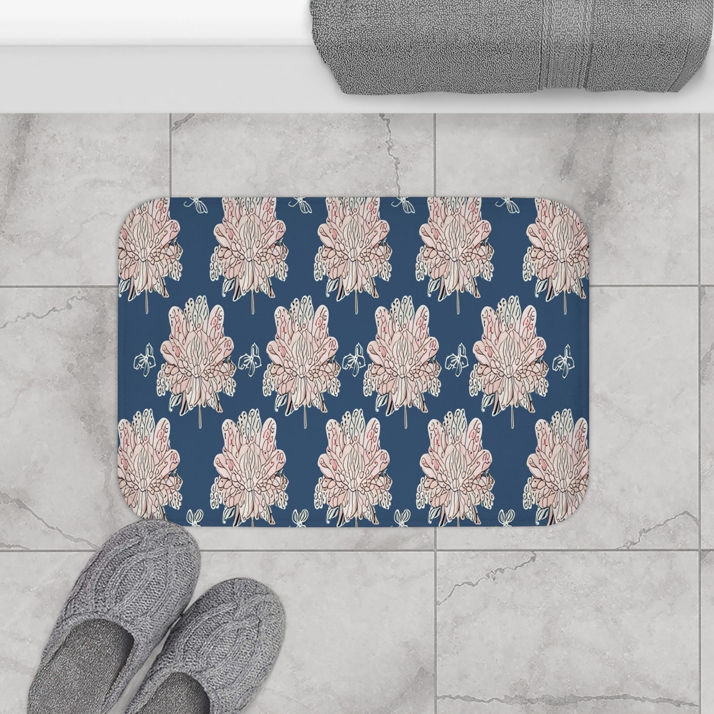 Rose White Floral Butterflies 24" x 17" Bath Mat