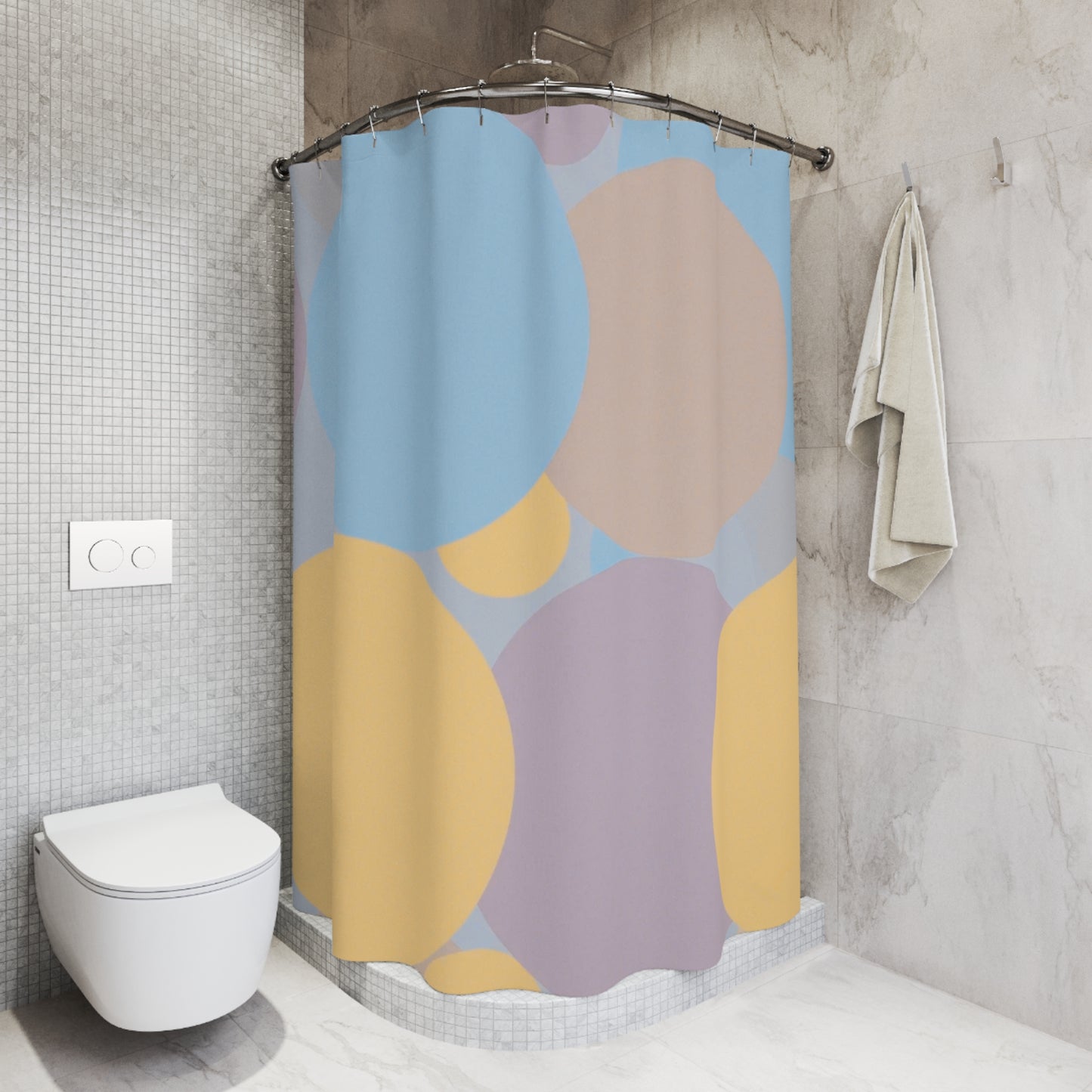Pastel Baby Blue and Peach Patches Shower Curtains, 71" x 74"