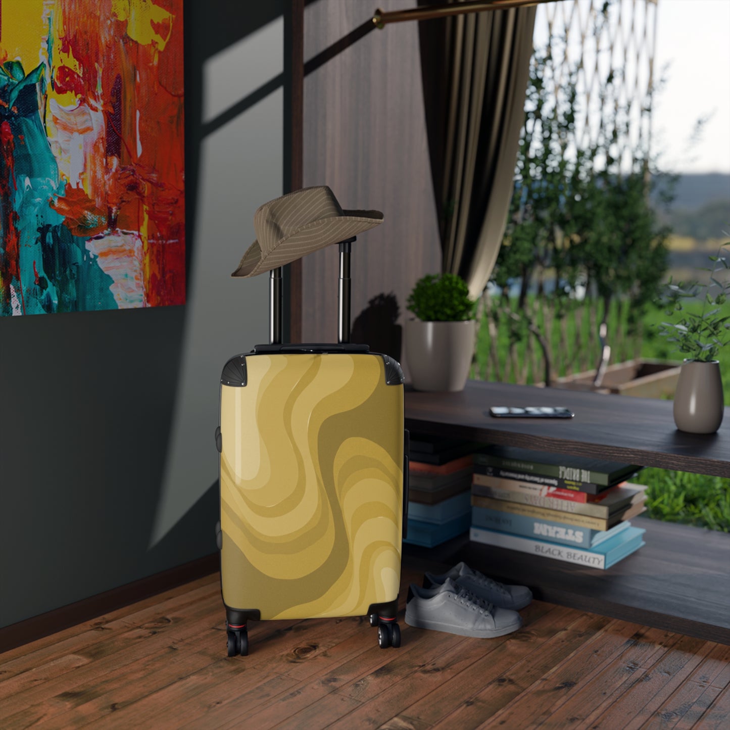 Brown Wavey Small Suitcase with built in lock, 4 double-wheels, telescopic handle, and ABS back hard-shell