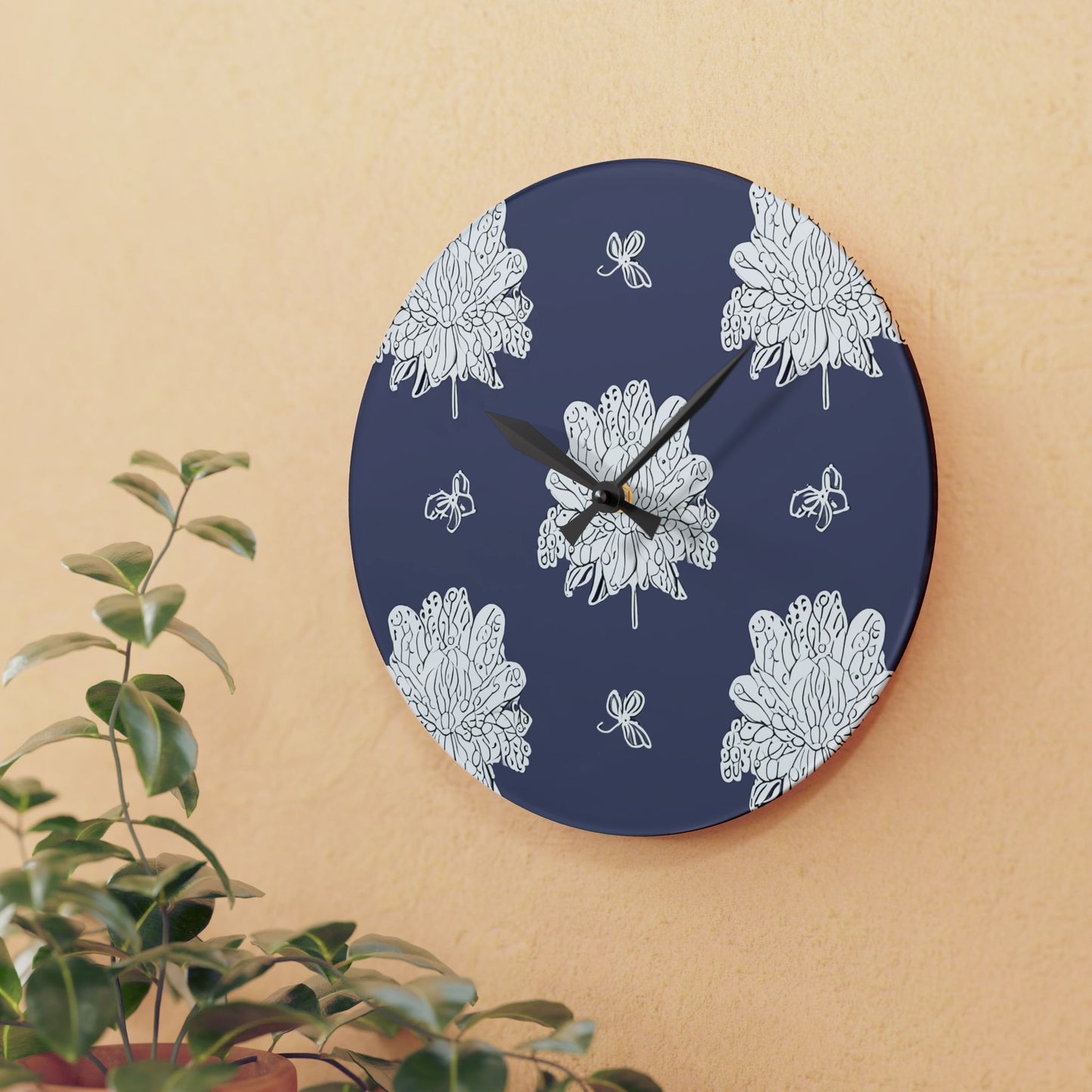 White Floral Butterflies Acrylic Wall Clock, Round or Square, 10.75" x 10.75"