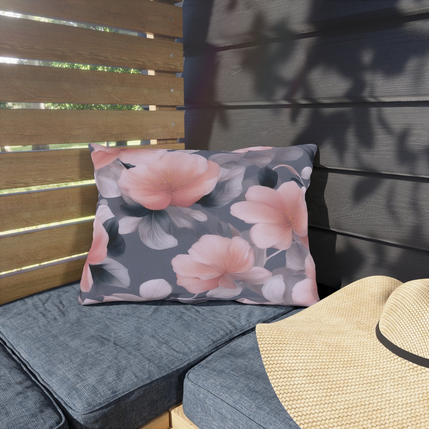 Peach and Blue Gray Floral Bunch Outdoor Pillow, 20" x 14"