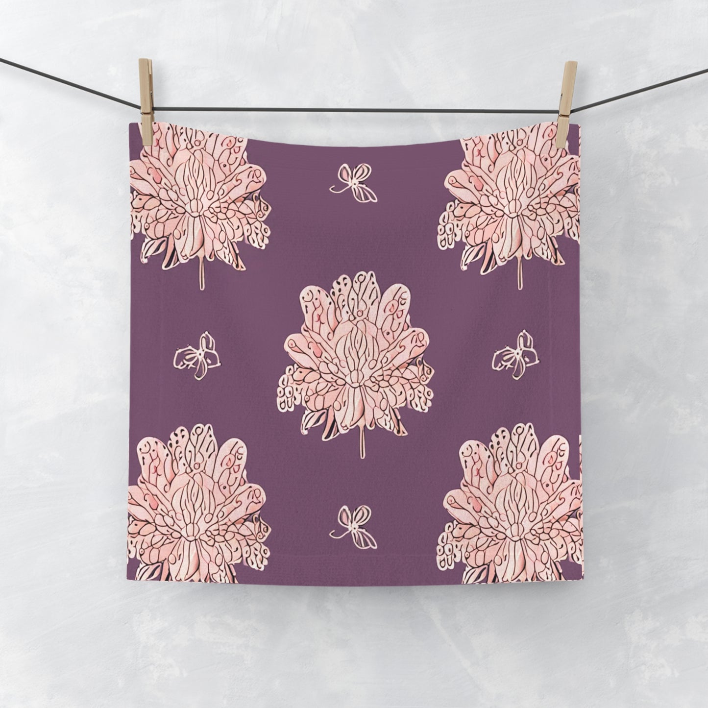 Pink Floral Butterflies Face Towel, 13" x 13"