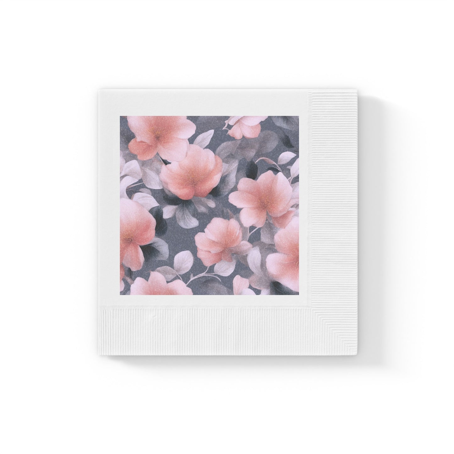 Peach and Blue Gray Floral Bunch White Coined Napkins, 6.5" x 6.5"