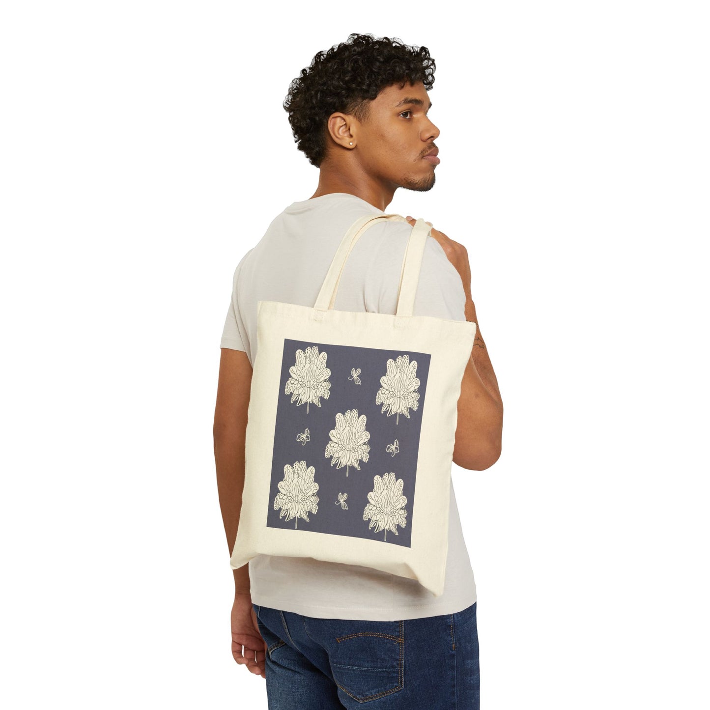 White Floral Butterflies Cotton Canvas Tote Bag