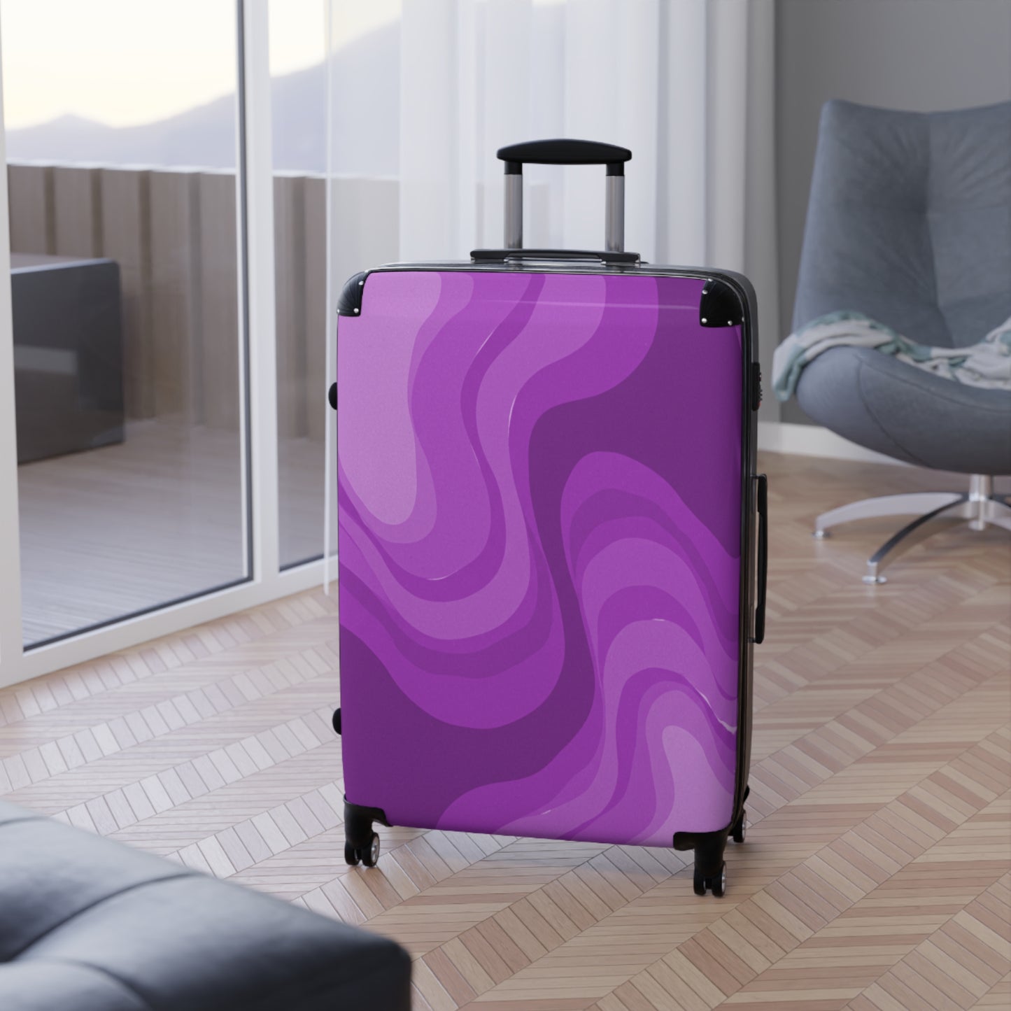 Wavey Purple Wavey Large Suitcase with built in lock, 4 double-wheels, telescopic handle, and ABS back hard-shell