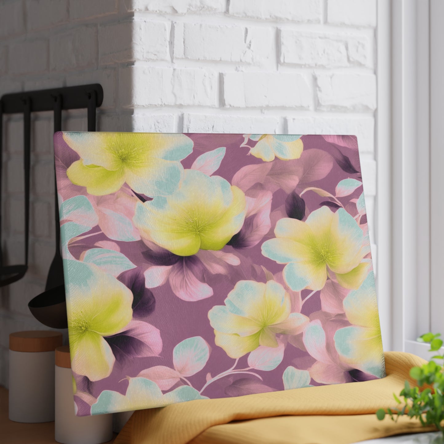 Lemon Blossom Floral Bunch Glass Cutting Board, 11" x 15"