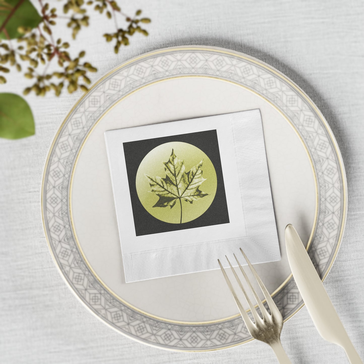 Lemongrass Maple Leaf White Coined Napkins, 4.8" x 4.8"