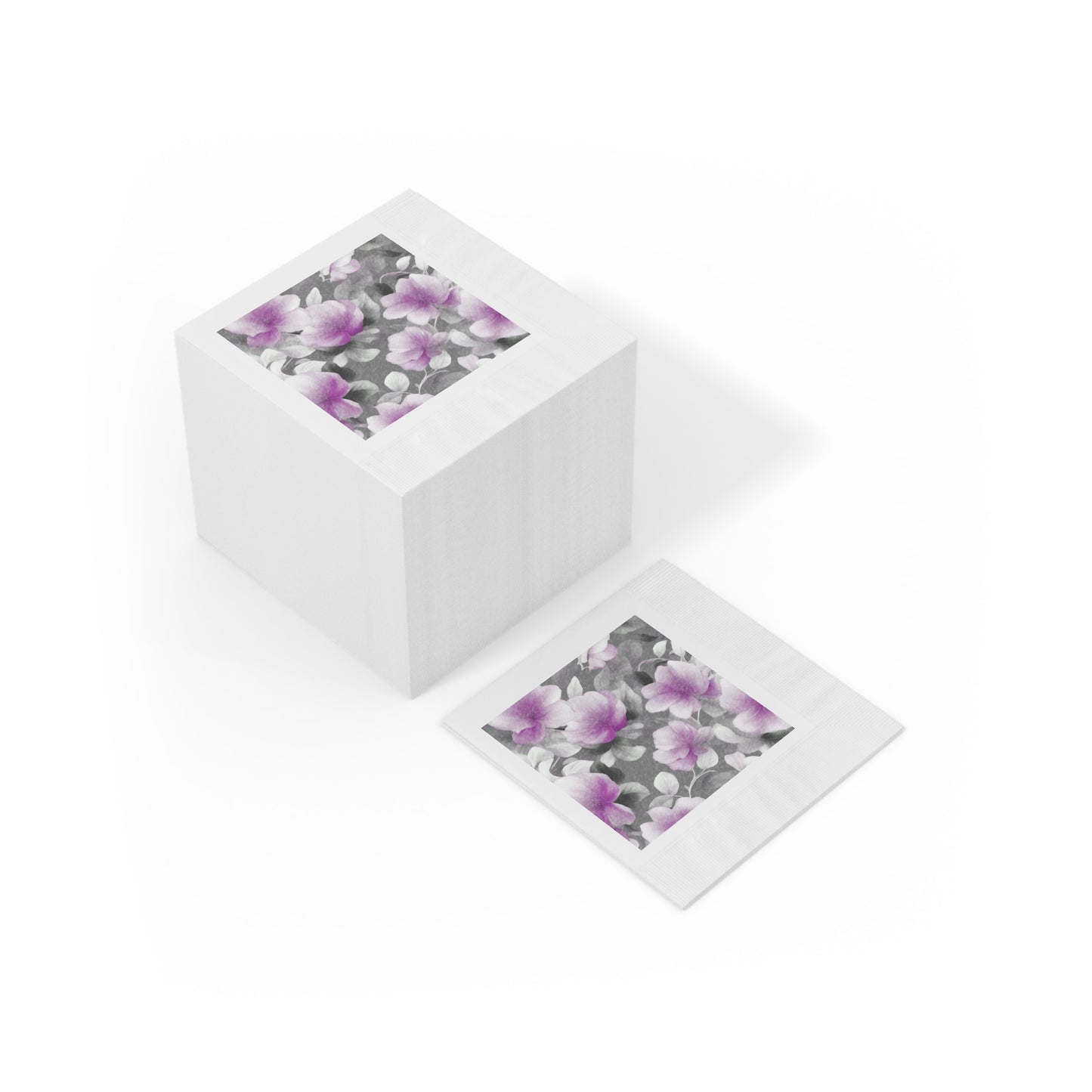 Purple Blossom Floral Bunch White Coined Napkins, 6.5" x 6.5"