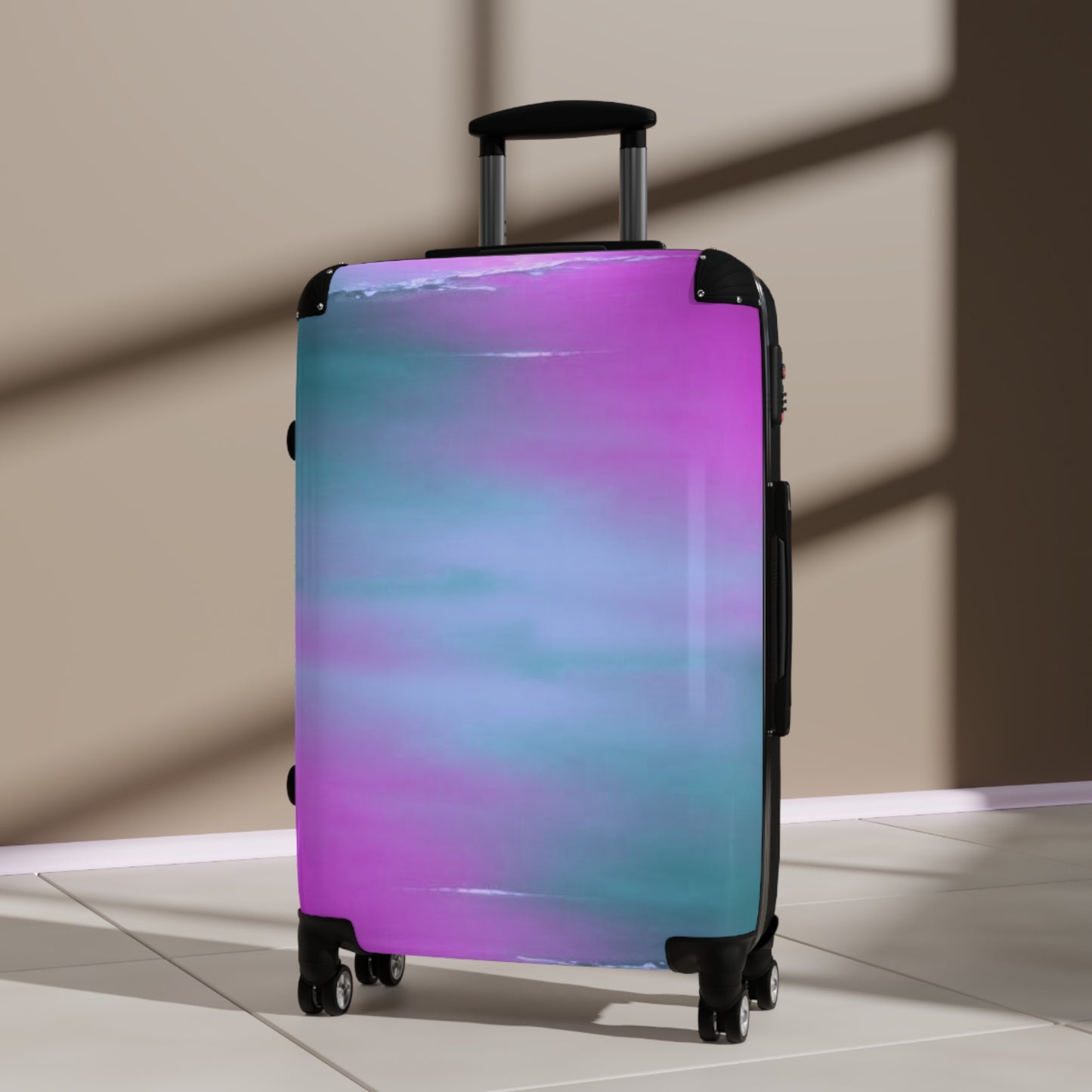 Dark Blue Green Sea Purple Fog Medium Suitcase with built in lock, 4 double-wheels, telescopic handle, and ABS back hard-shell