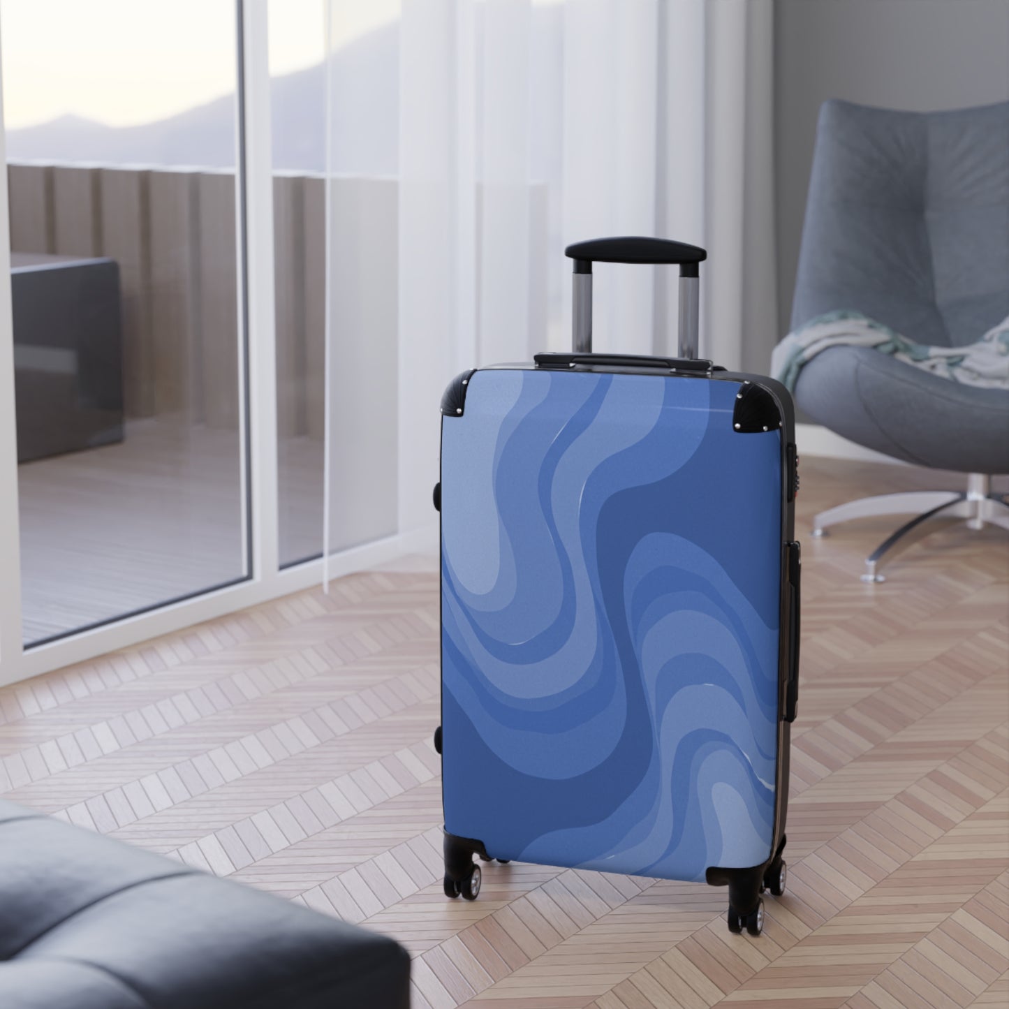 Deep Blue Wavey Medium Suitcase with built in lock, 4 double-wheels, telescopic handle, and ABS back hard-shell