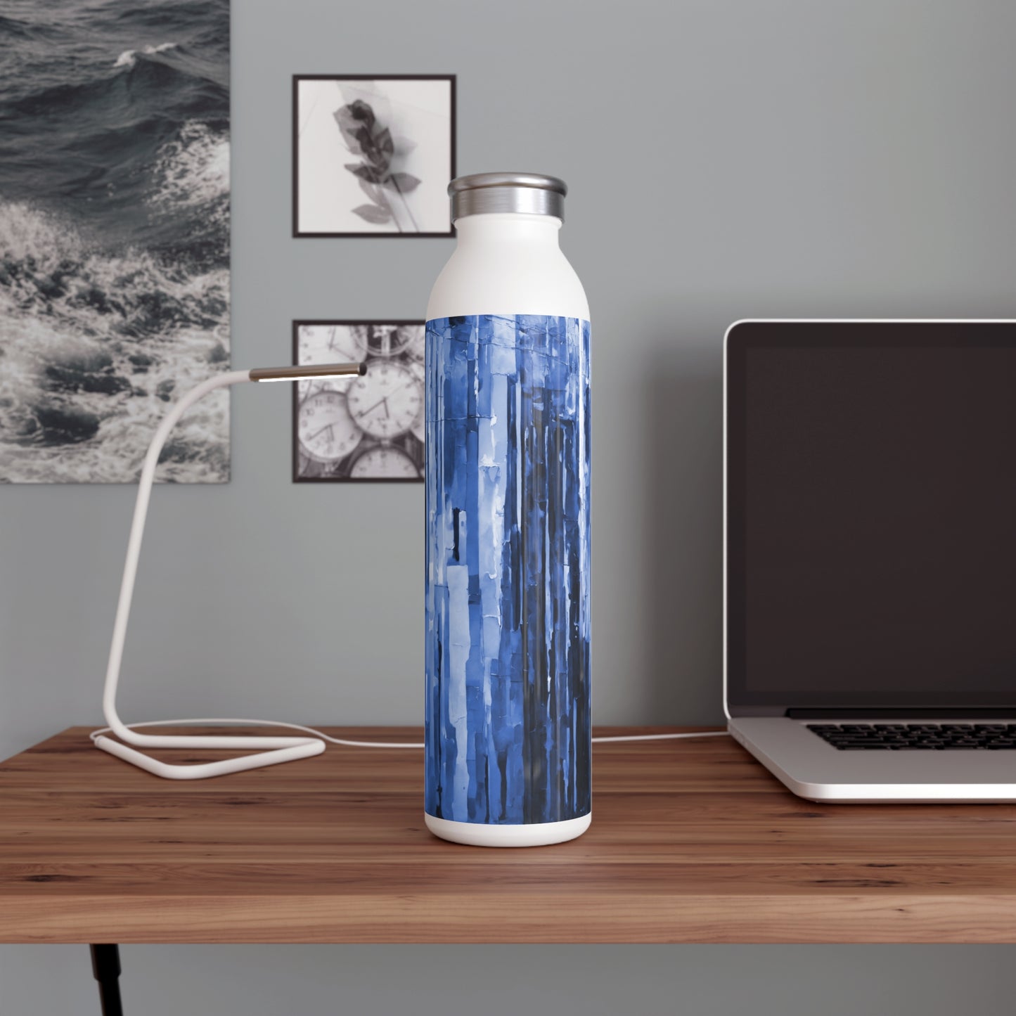 Striped Deep Blue Slim Water Bottle, 20 oz White