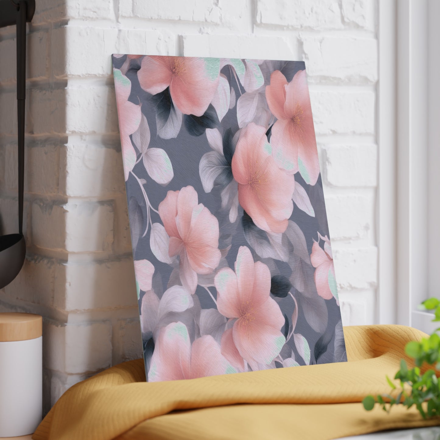 Peach and Blue Gray Floral Bunch Glass Cutting Board, 8" x 11"