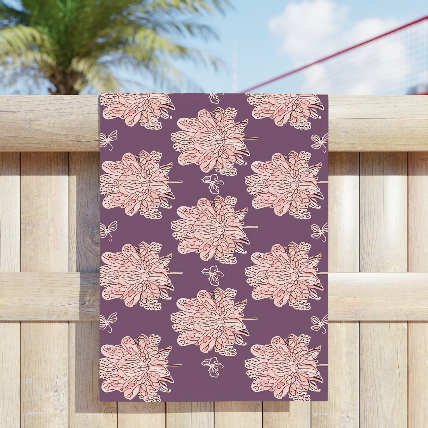 Pink Floral Butterflies Beach Towel, 24" x 44"