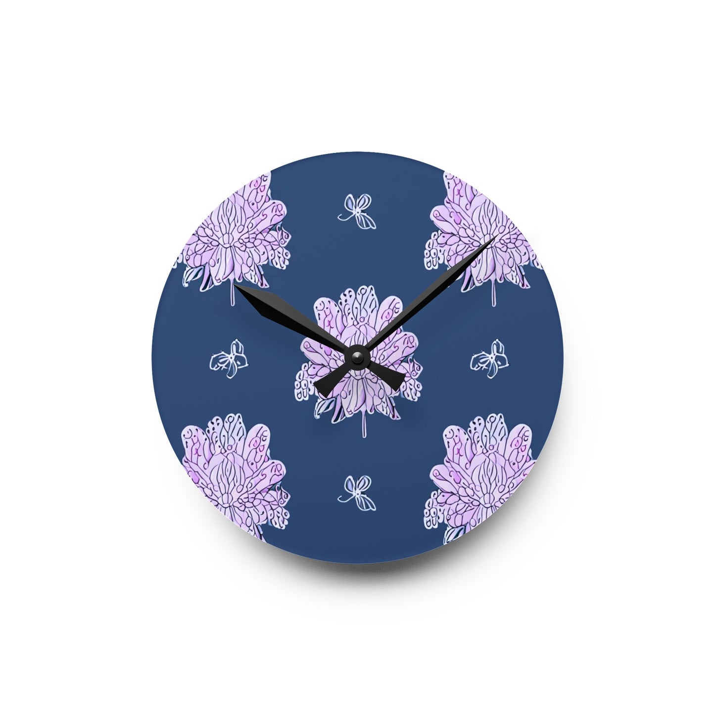Purple White Floral Butterflies Acrylic Round Wall Clock, 8" x 8"
