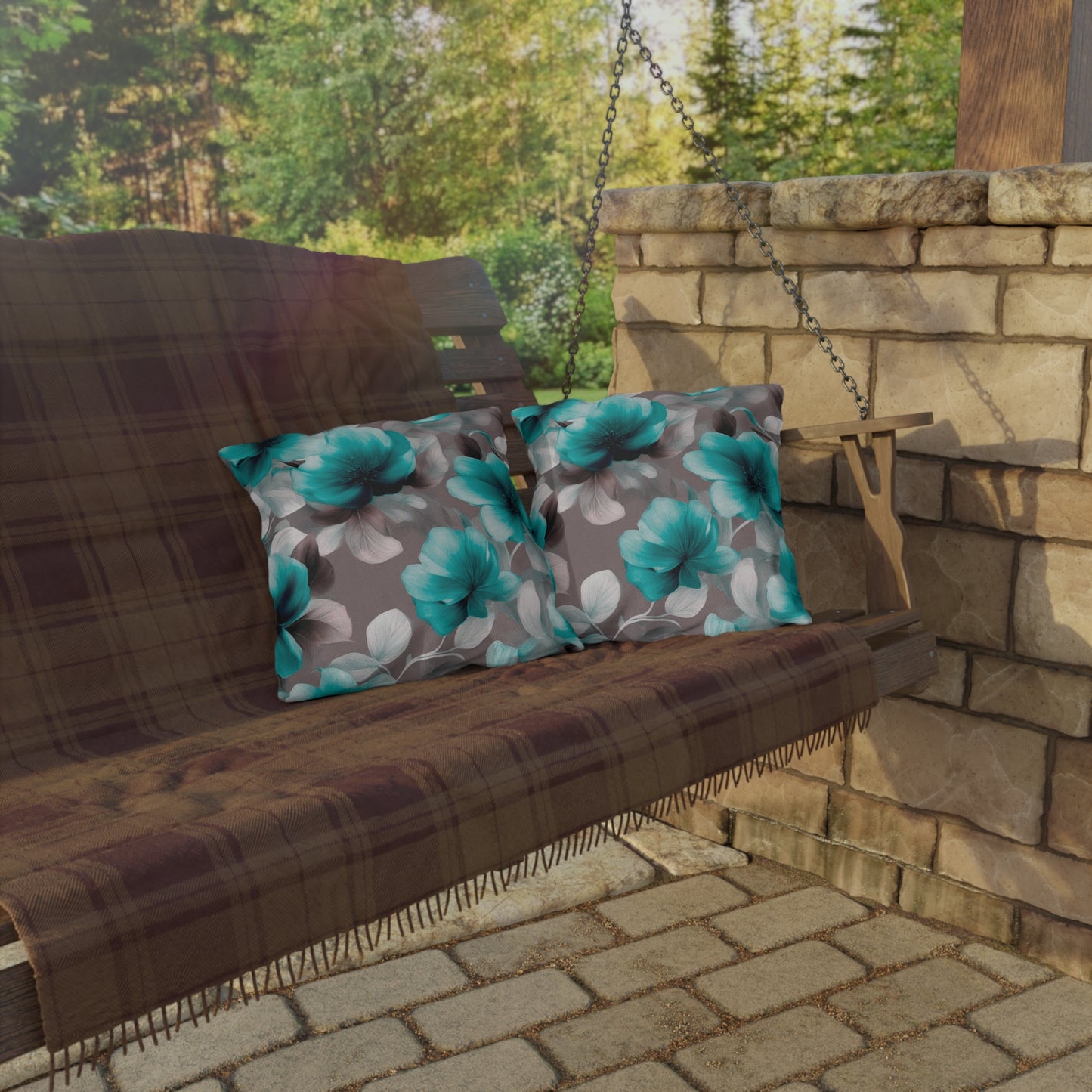 Tif Green Gray Floral Bunch Outdoor Pillow, 16" x 16"