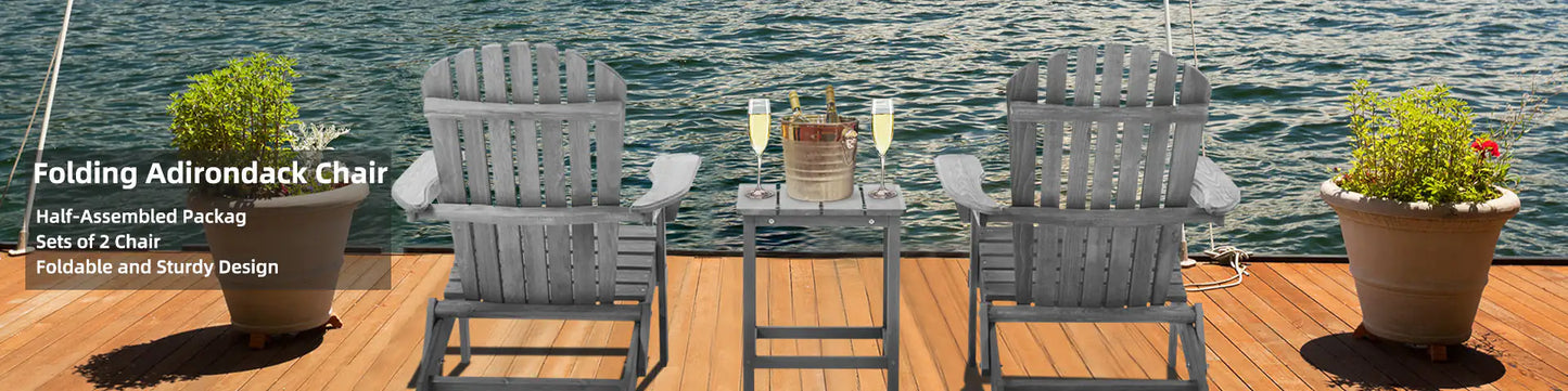 Wooden Folding Adirondack Lounge Chairs – 2-Piece Outdoor Patio Set