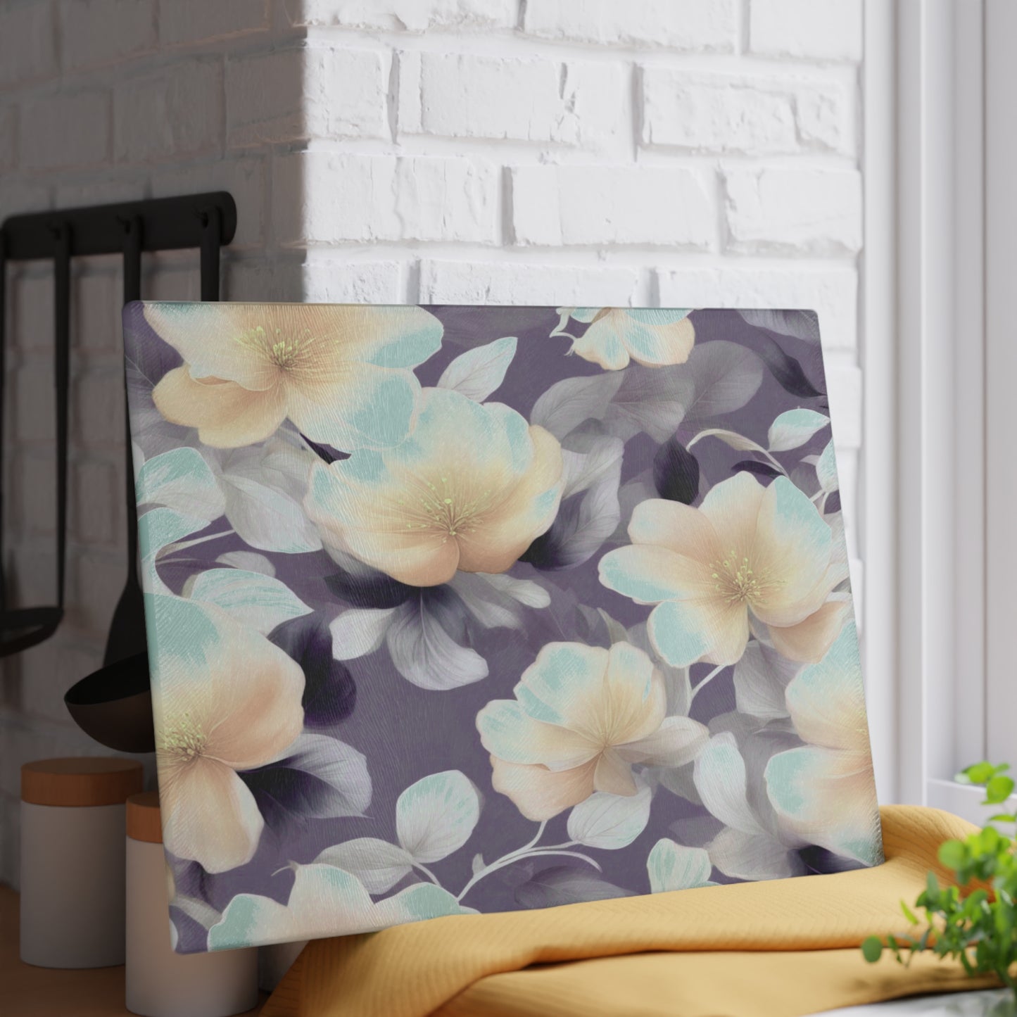 White Blush Floral Bunch Glass Cutting Board, 11" x 15"