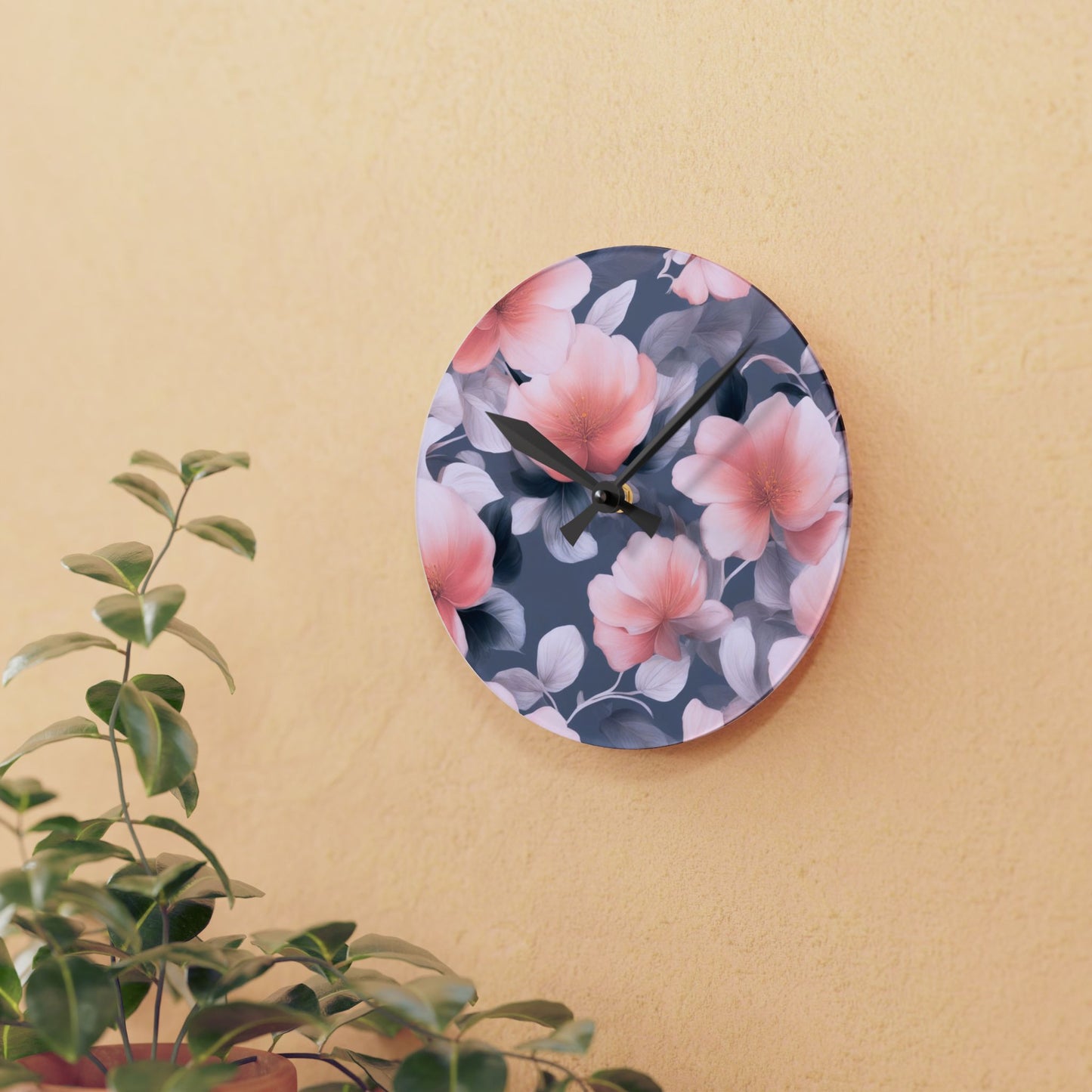 Peach and Blue Gray Floral Bunch Acrylic Round Wall Clock, 8" x 8"
