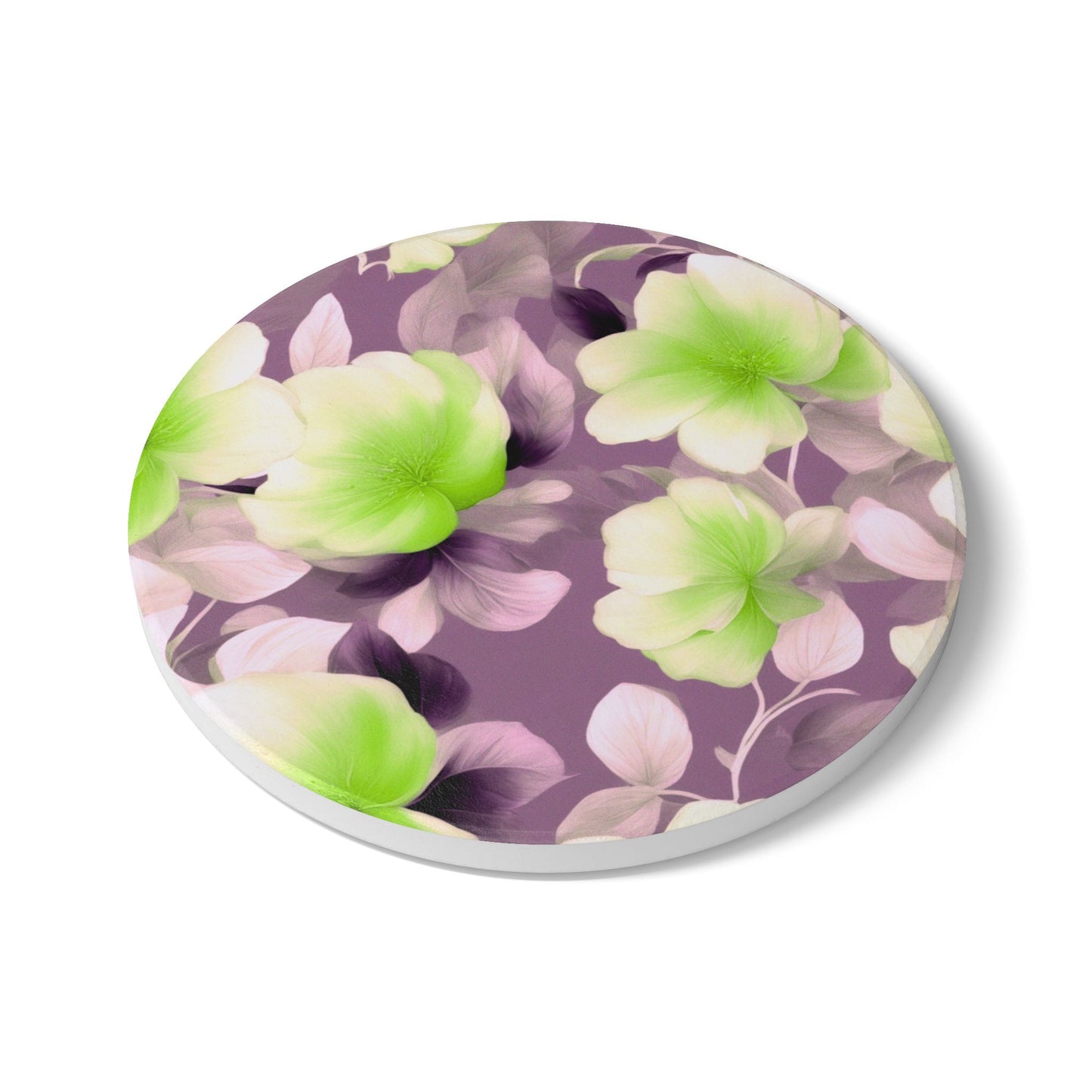 Lime Lavender Floral Bunch Round Ceramic Coaster, 4" x 4"