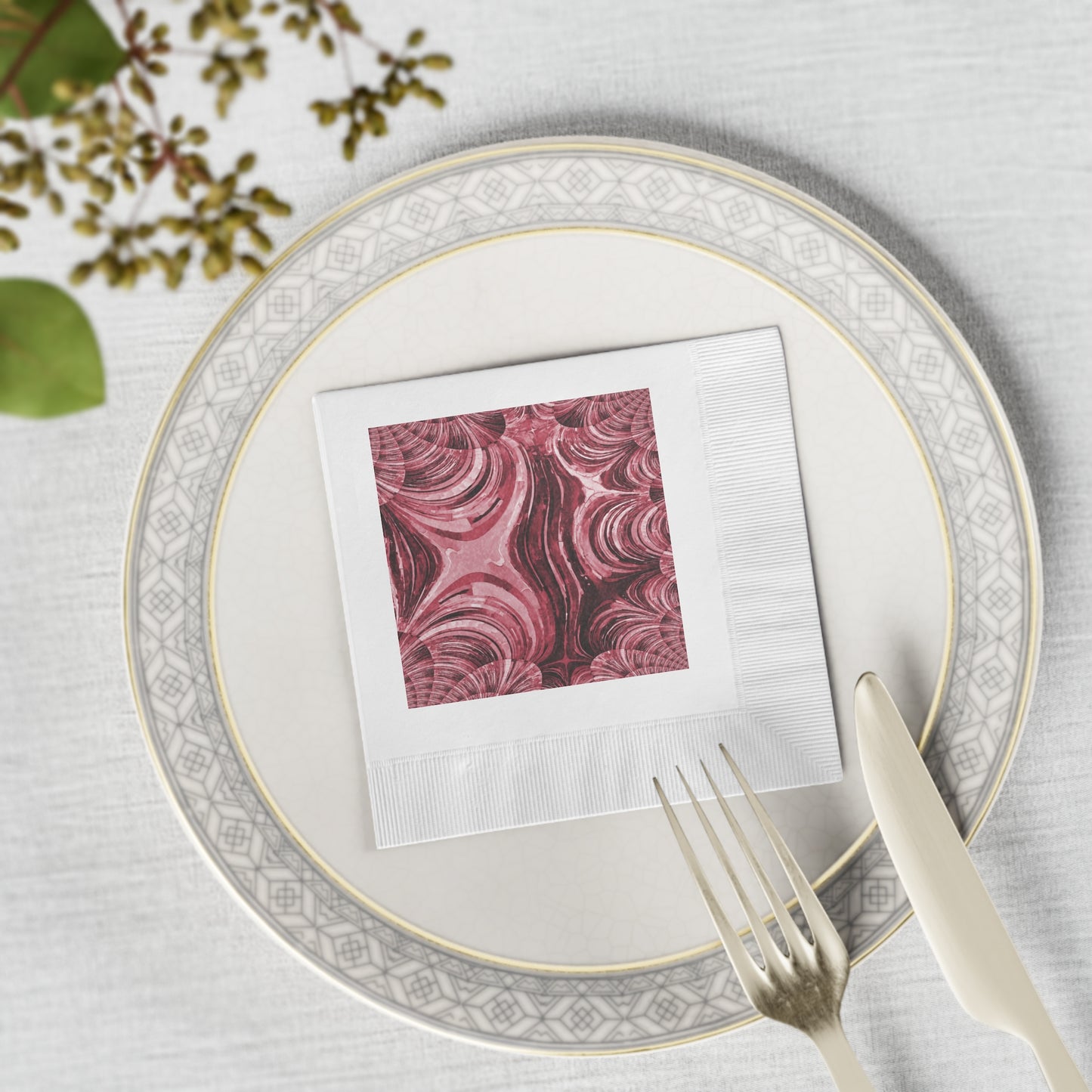 Uzi Spiral Ruby Pastel White Coined Napkins, 4.8" x 4.8"